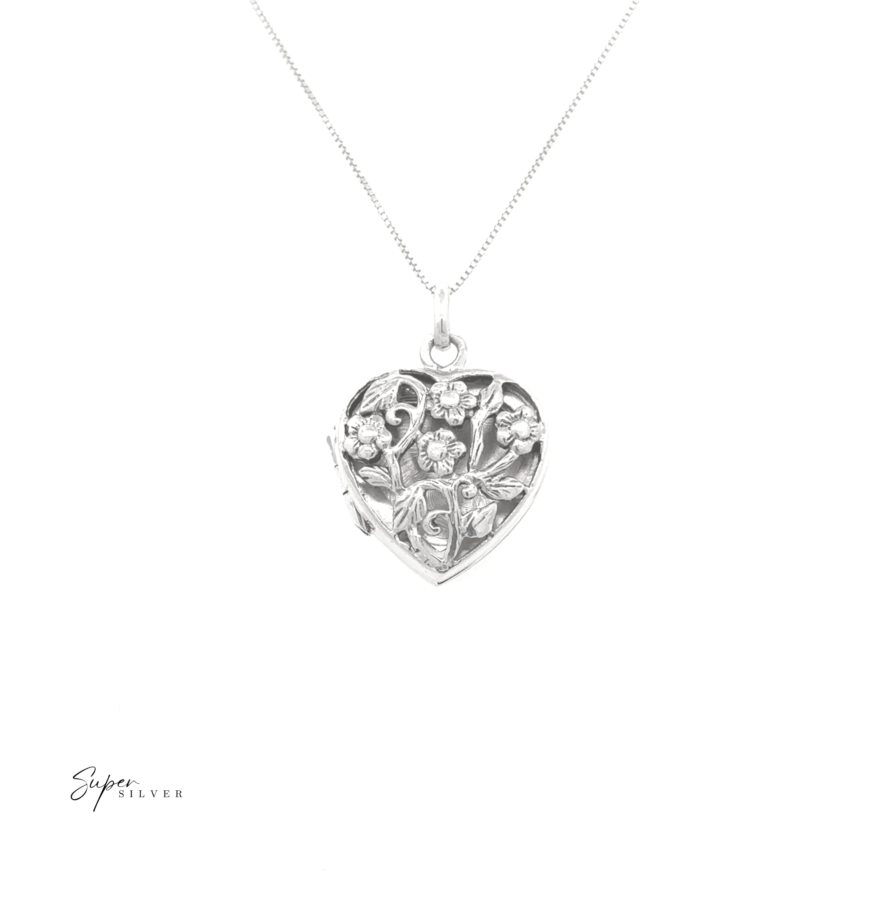 Floral Open Lockets: Heart-shaped vintage silver locket necklace featuring a delicate floral design on the pendant, displayed on a fine chain against a white background—an elegant piece for any sterling silver collection.