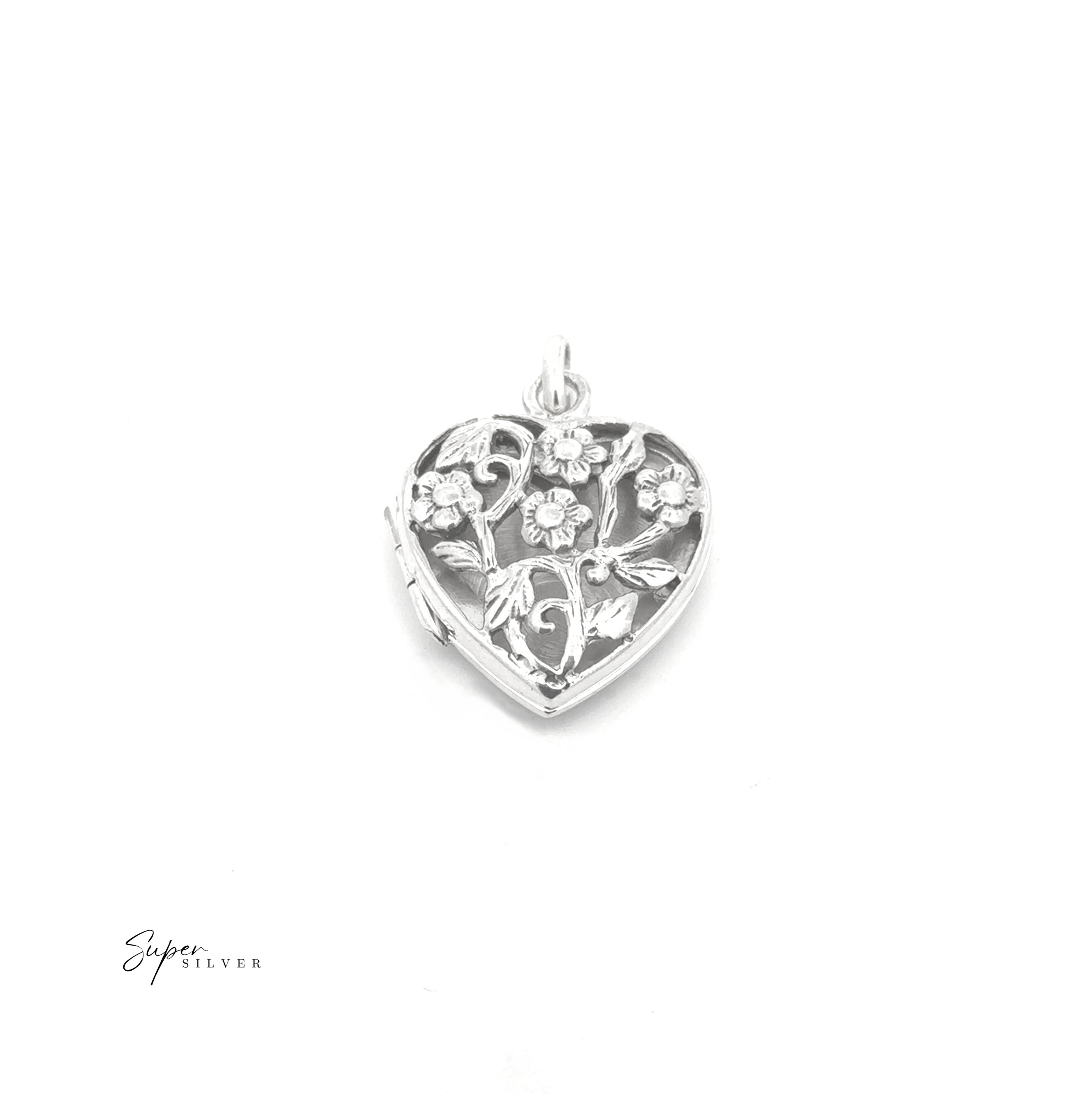 The Floral Open Lockets feature a vintage-inspired, heart-shaped sterling silver design with delicate floral details, showcased on a white background.