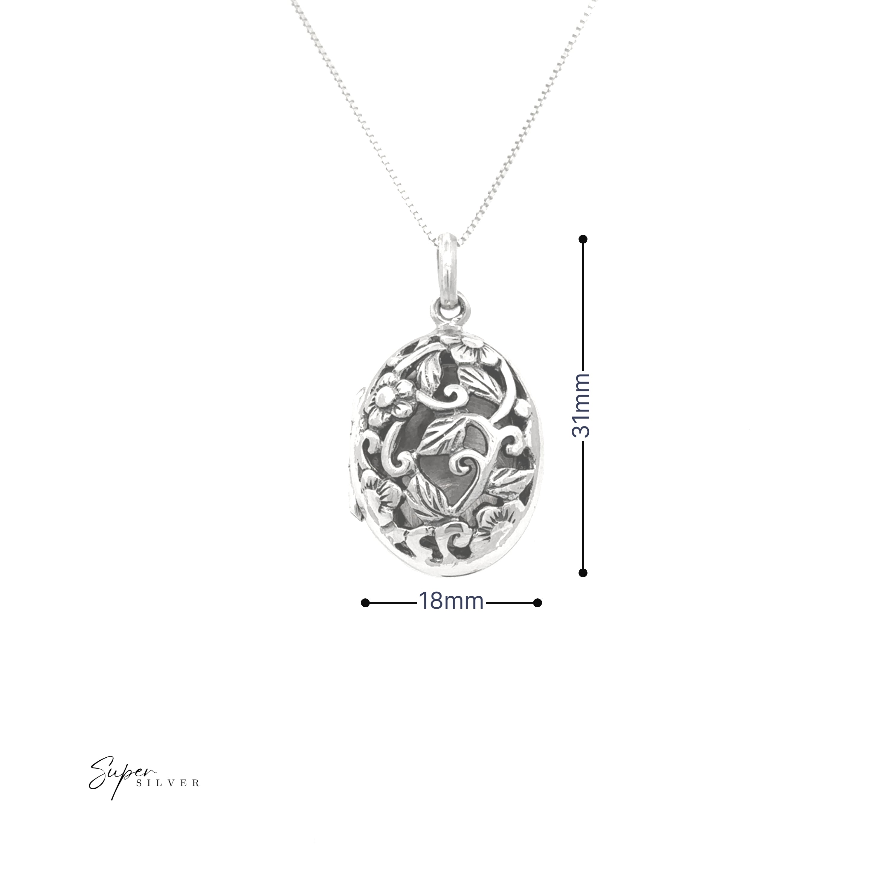 The Floral Open Lockets are oval vintage lockets in sterling silver with an intricate floral design, measuring 31mm x 18mm, displayed on a fine chain against a white background.