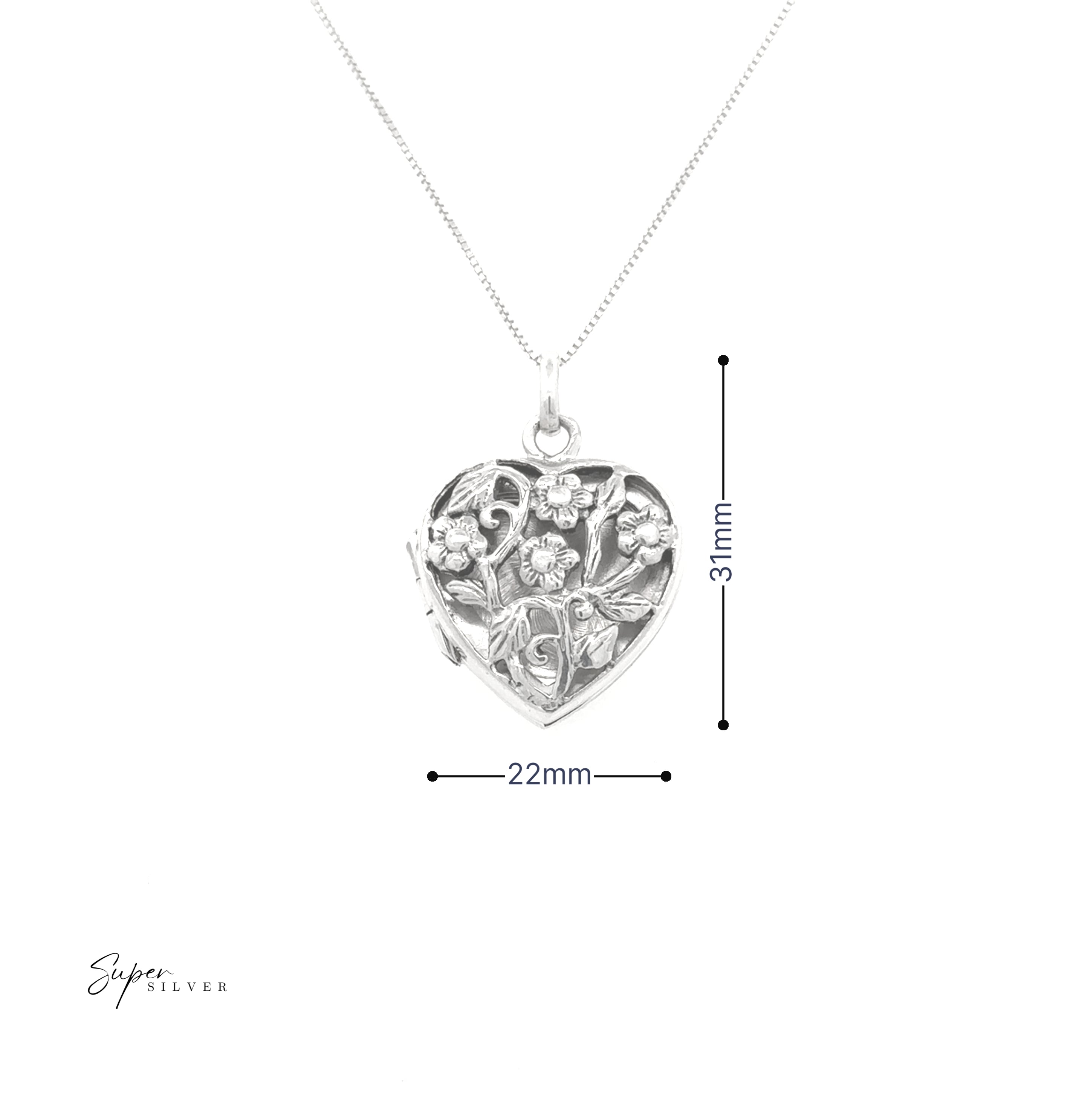 The Floral Open Lockets are vintage heart-shaped locket necklaces in sterling silver with an elegant floral pattern, measuring 31mm tall by 22mm wide.