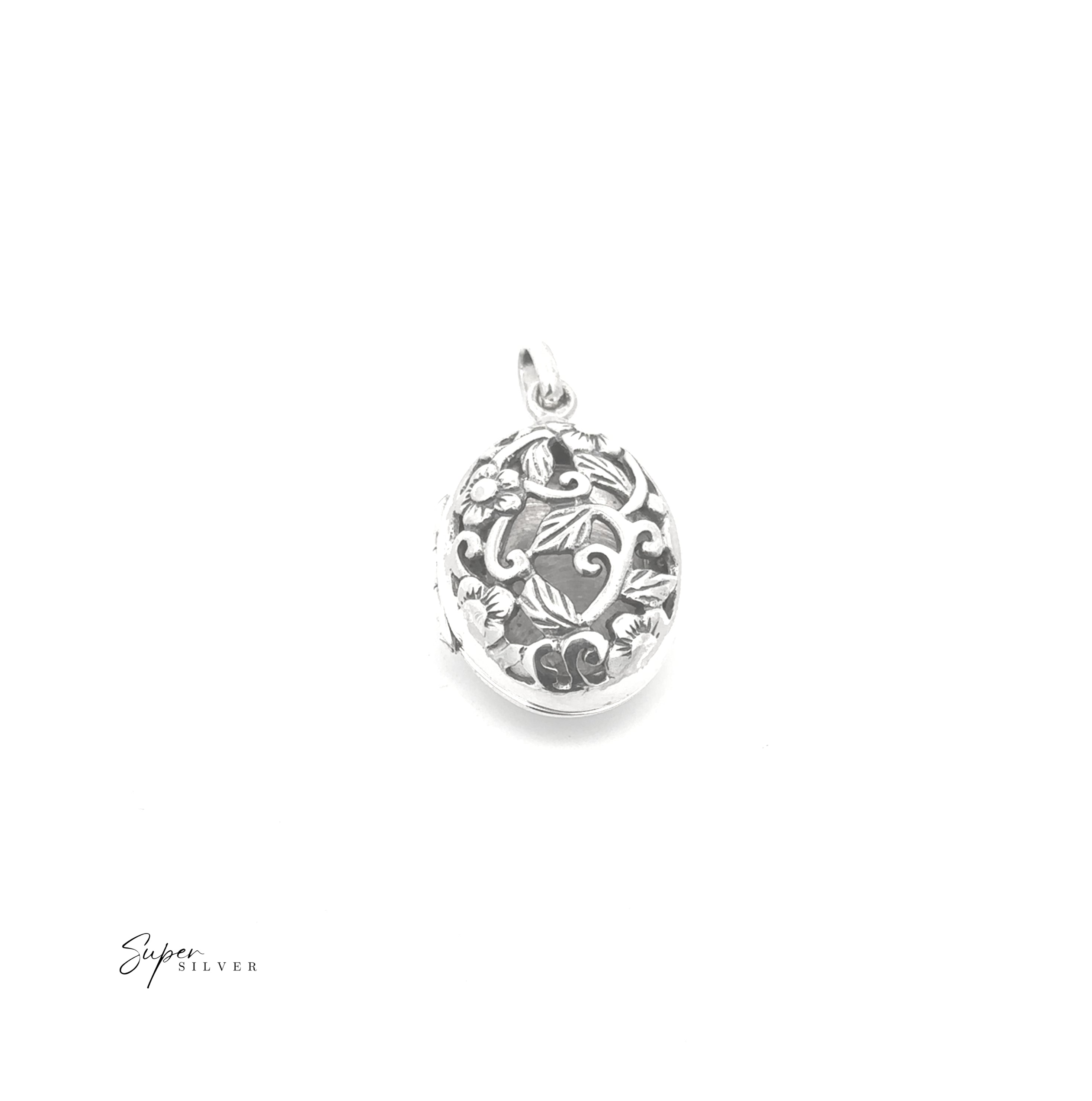 Floral Open Lockets: An oval sterling silver locket pendant featuring an intricate floral and leaf pattern, ideal for vintage locket lovers, shown against a plain white background.