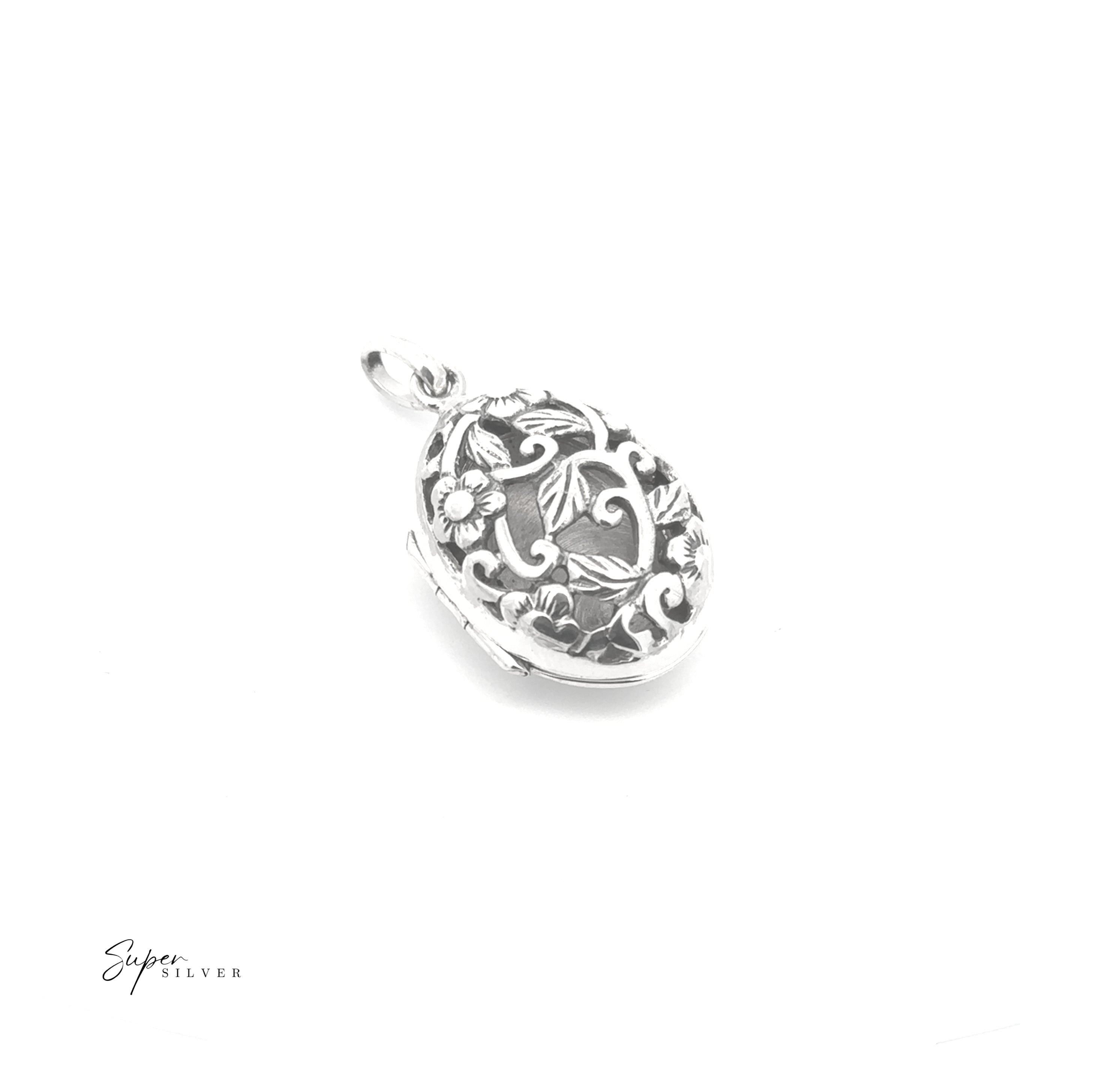 The Floral Open Lockets are oval-shaped vintage pendants crafted from sterling silver with an intricate floral and leaf design, elegantly showcased on a white background.