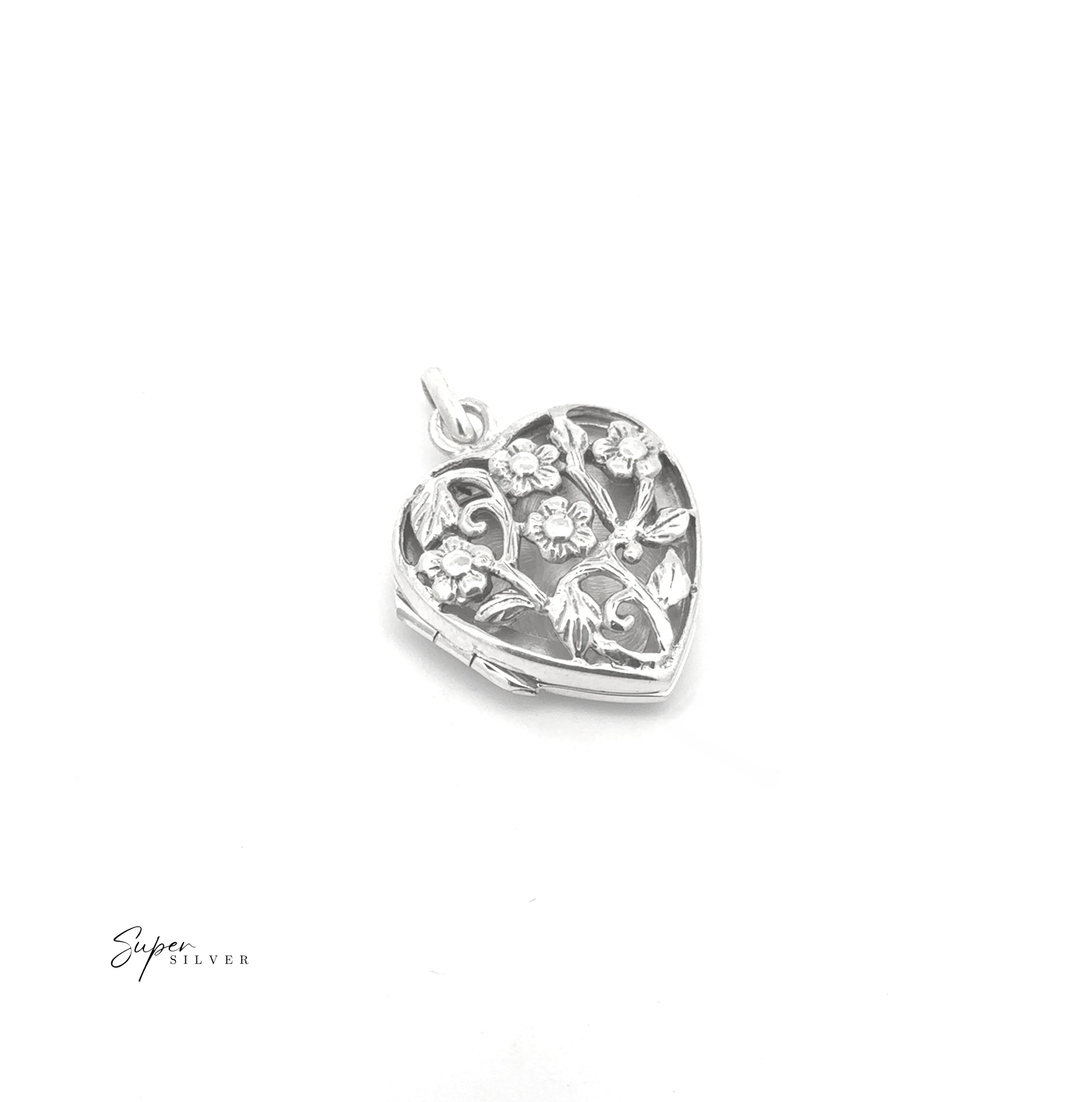 The Floral Open Lockets are heart-shaped vintage sterling silver pendants featuring an intricate floral pattern, beautifully displayed on a white background.