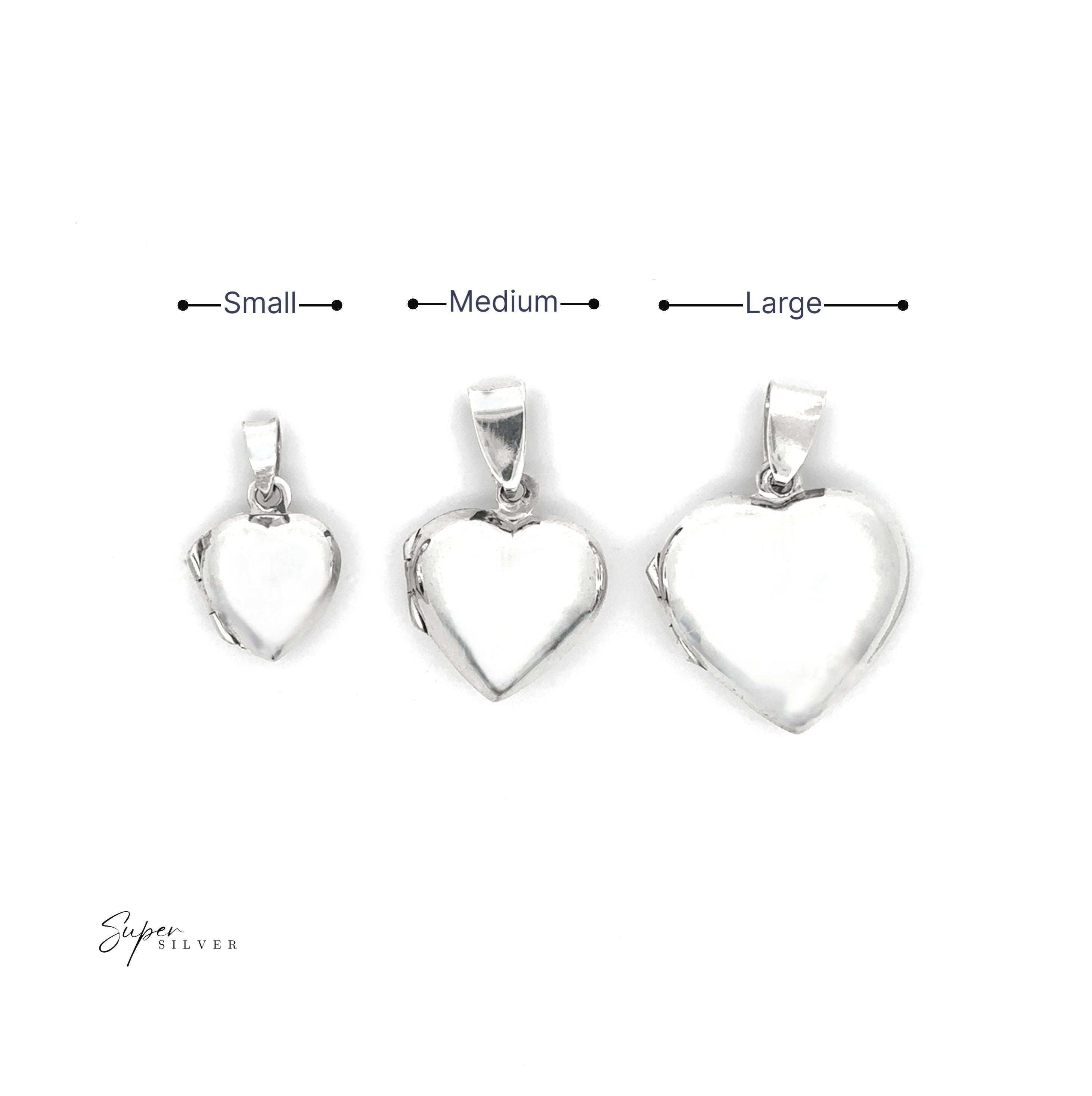 Three Plain Heart Lockets in small, medium, and large sizes are displayed left to right on a white background with labeled arrows above each, ideal for personalized tribute jewelry or starting a cherished heart locket collection.