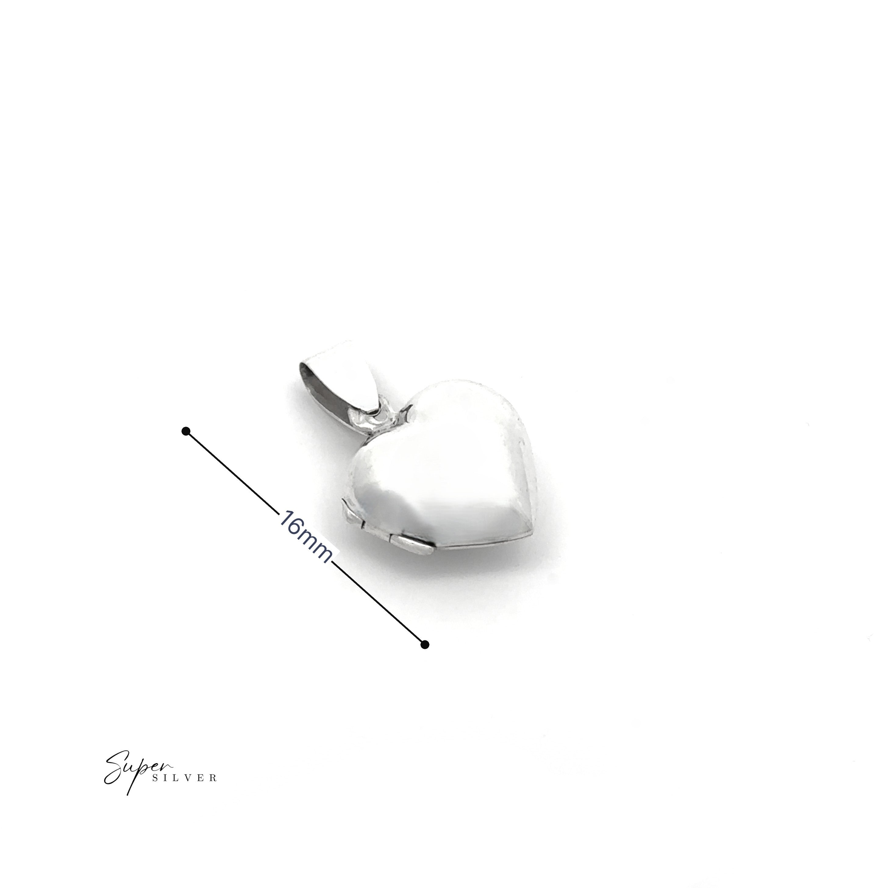 The Plain Heart Lockets is a sterling silver heart-shaped locket with a bail, shown on a white background. A measurement line indicates the pendant is 16mm wide, ideal for tribute jewelry.