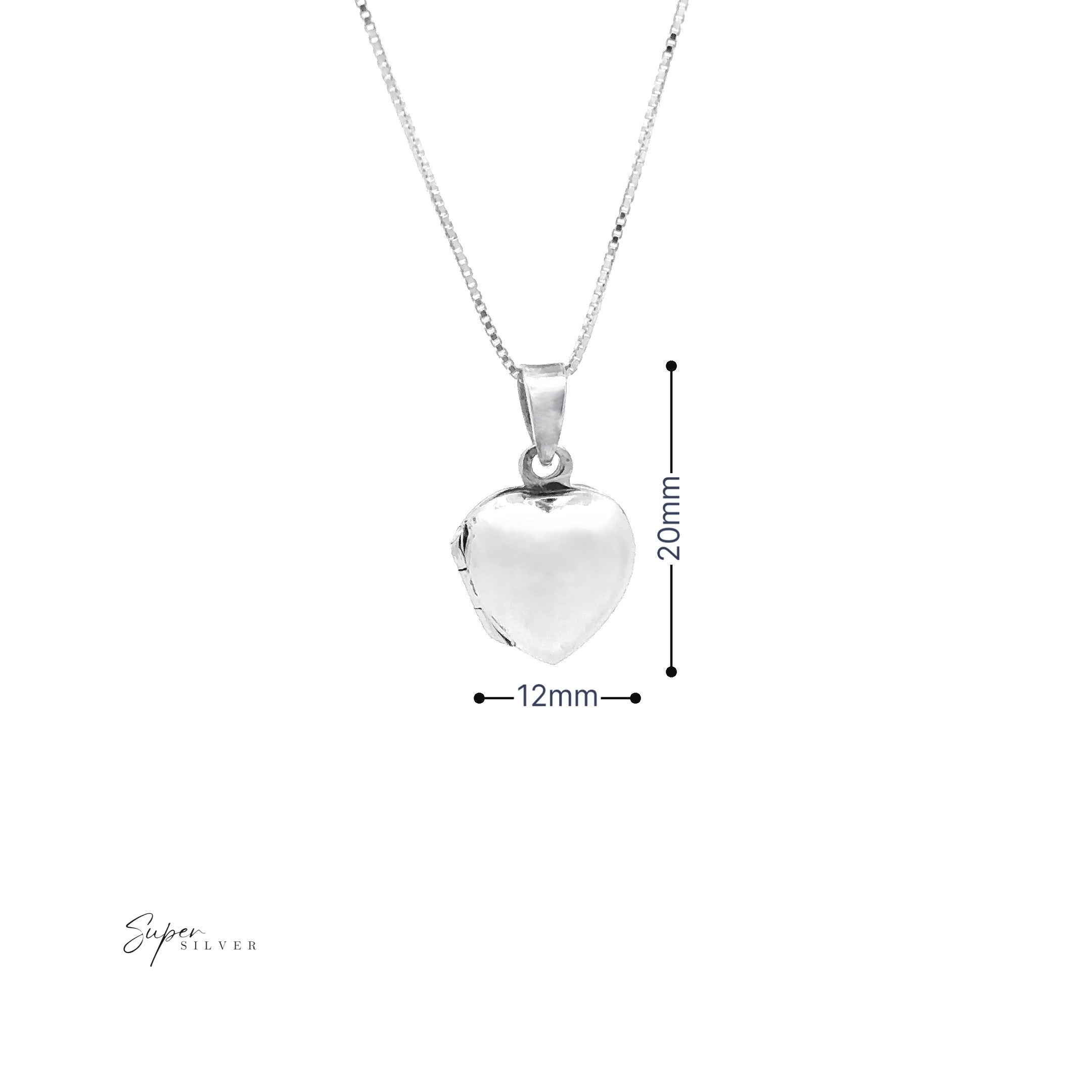 The Plain Heart Lockets pendant necklace features a silver heart locket, 20mm tall and 12mm wide, displayed on a white background—an elegant piece of tribute jewelry.