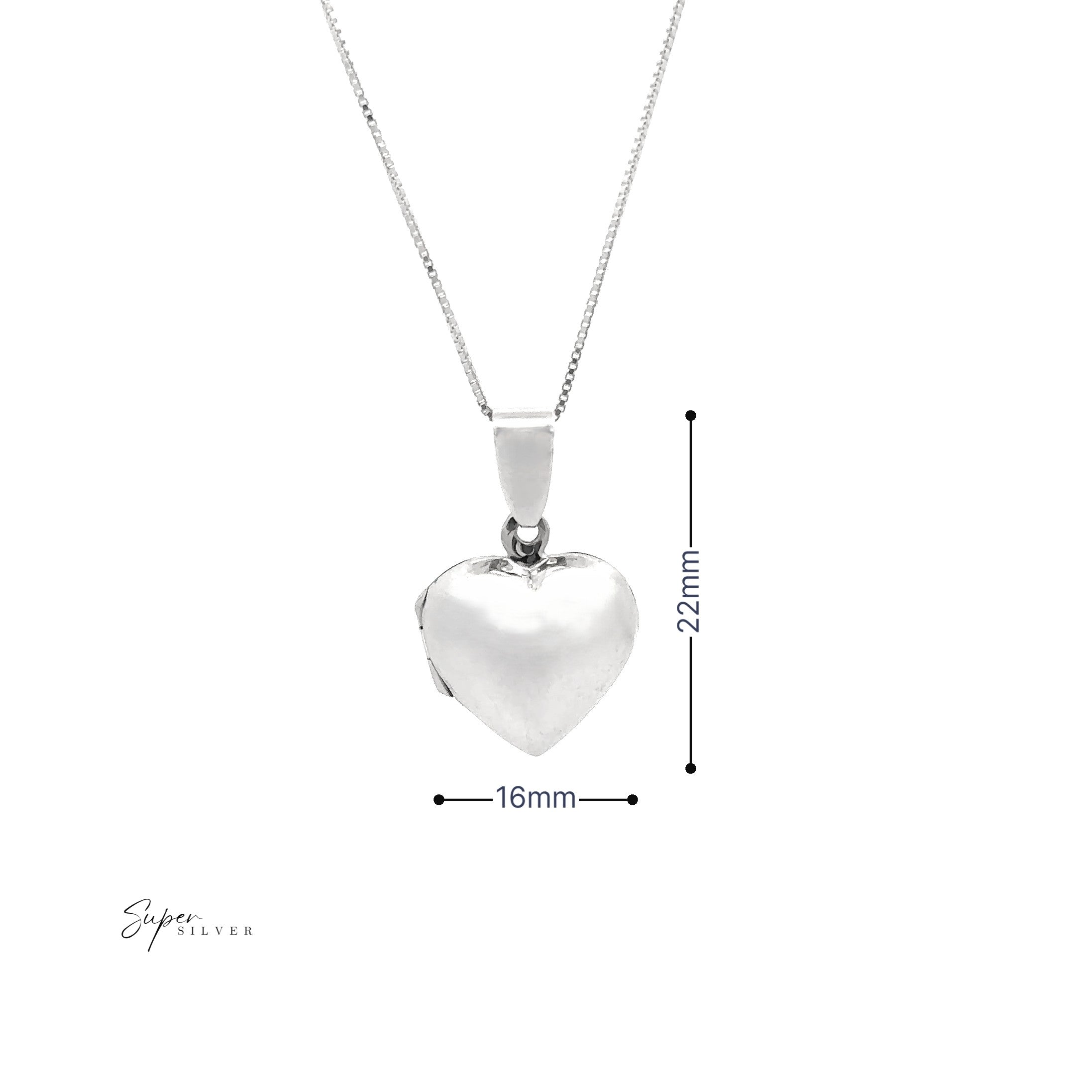 A Plain Heart Locket in sterling silver on a chain, 22mm tall by 16mm wide—a beautiful tribute jewelry piece for cherishing memories.
