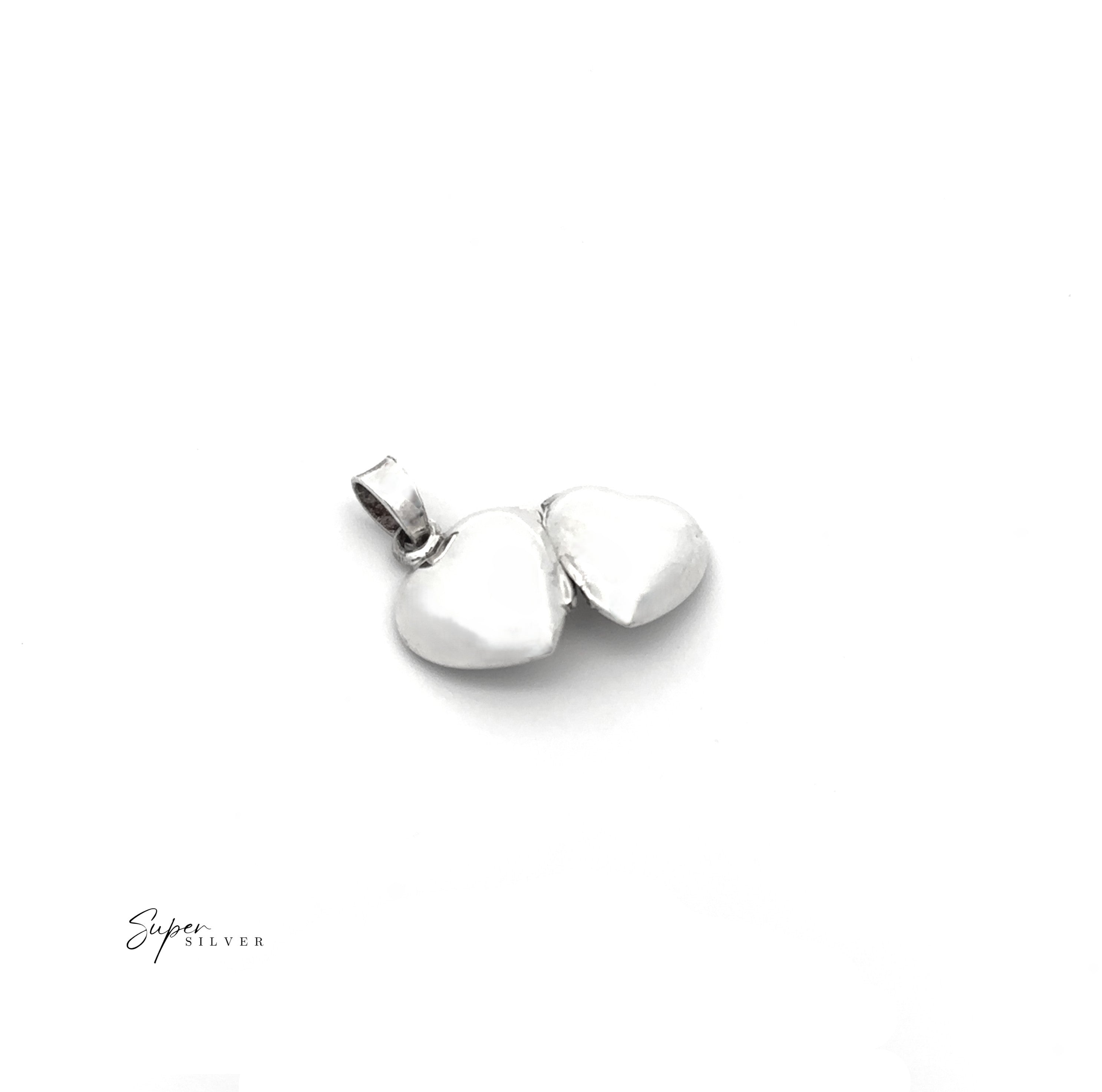 Plain Heart Lockets: A silver pendant with two joined heart shapes on a white background, showcasing "Super Silver" in the corner—an elegant tribute jewelry piece perfect for expressing love.
