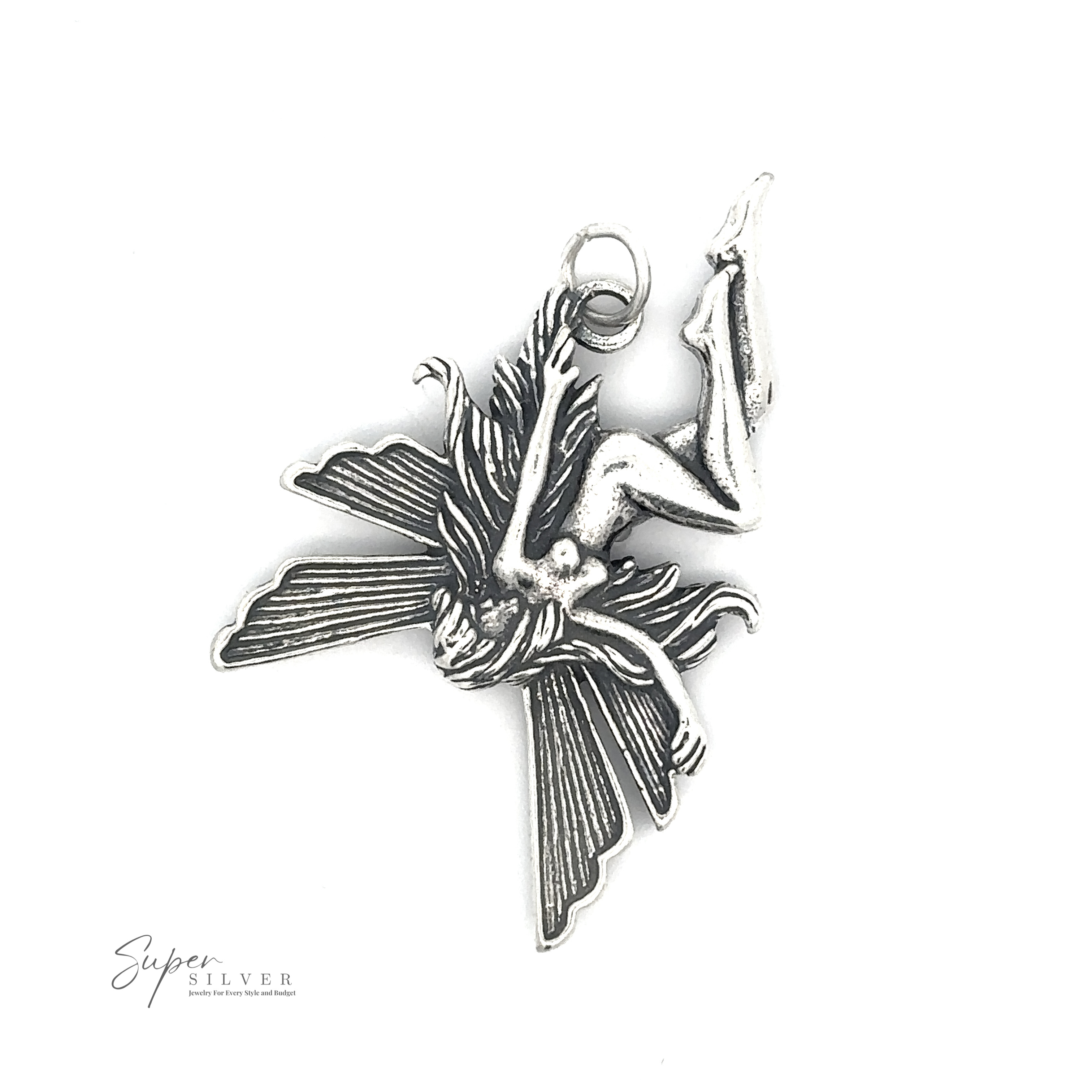 A sterling silver Flying Fairy Pendant featuring detailed wings and body design, laying face down. The enchanting pendant has a small loop at the top for attachment. The brand name "Super Silver" is visible at the bottom left.