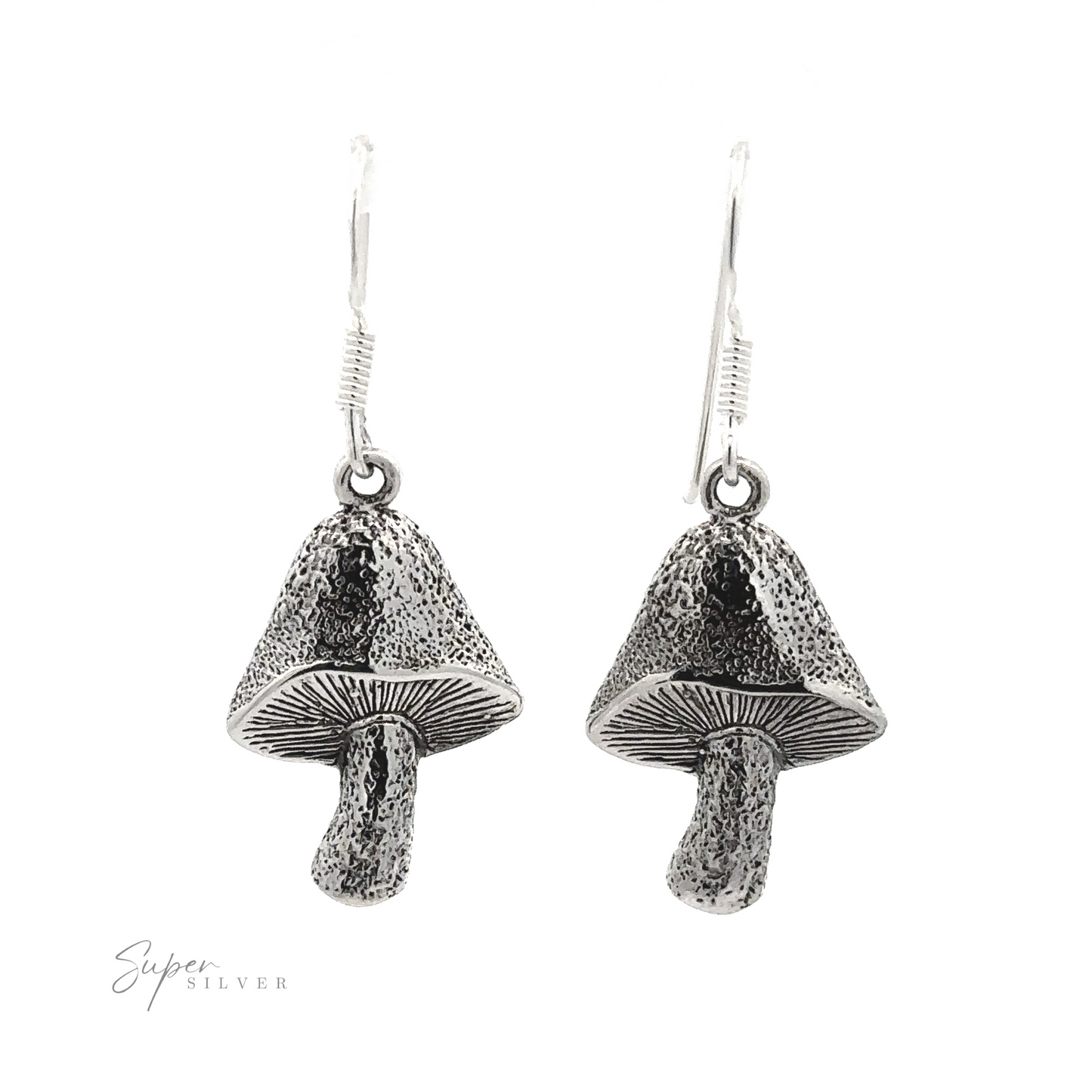 Textured Mushroom Earrings with textured details and an oxidized finish, dangling from hook-style fastenings against a white background.