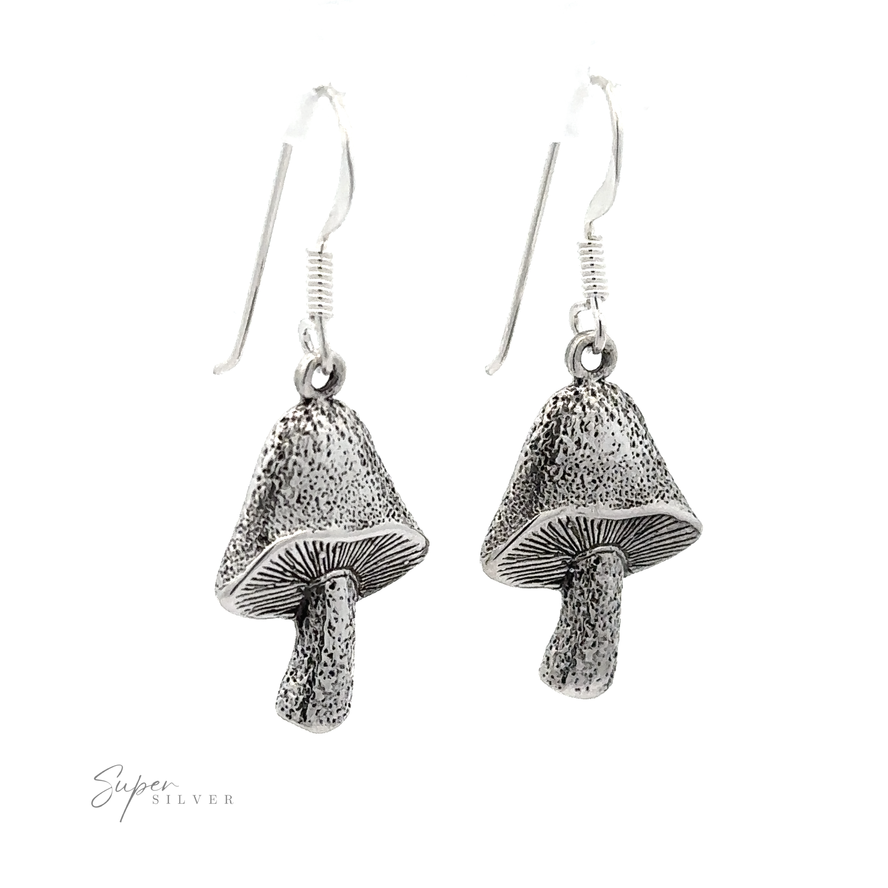 Textured Mushroom Earrings crafted from Sterling Silver with an oxidized finish, detailed texture hanging on simple hooks against a white background.