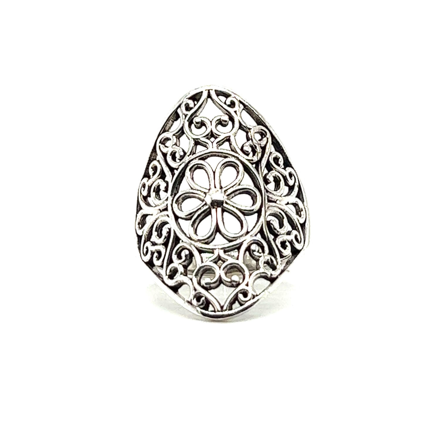 
                  
                    A silver Floral Filigree Shield Ring.
                  
                