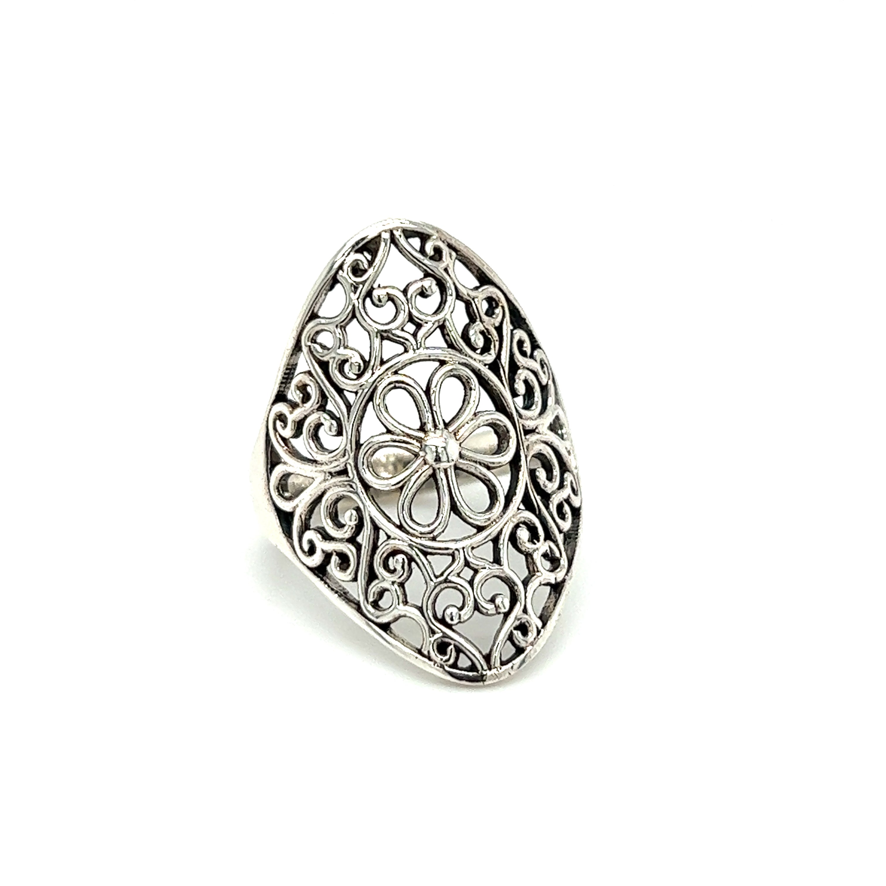 A Floral Filigree Shield Ring with a filigree design.