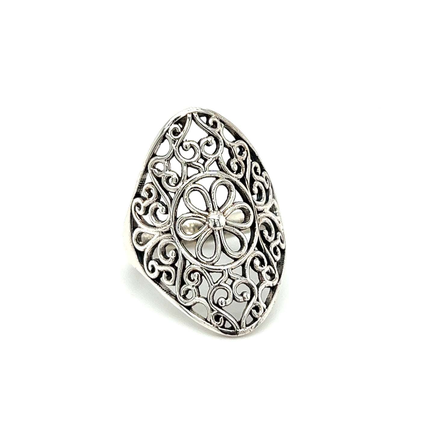 
                  
                    A Floral Filigree Shield Ring with a filigree design.
                  
                