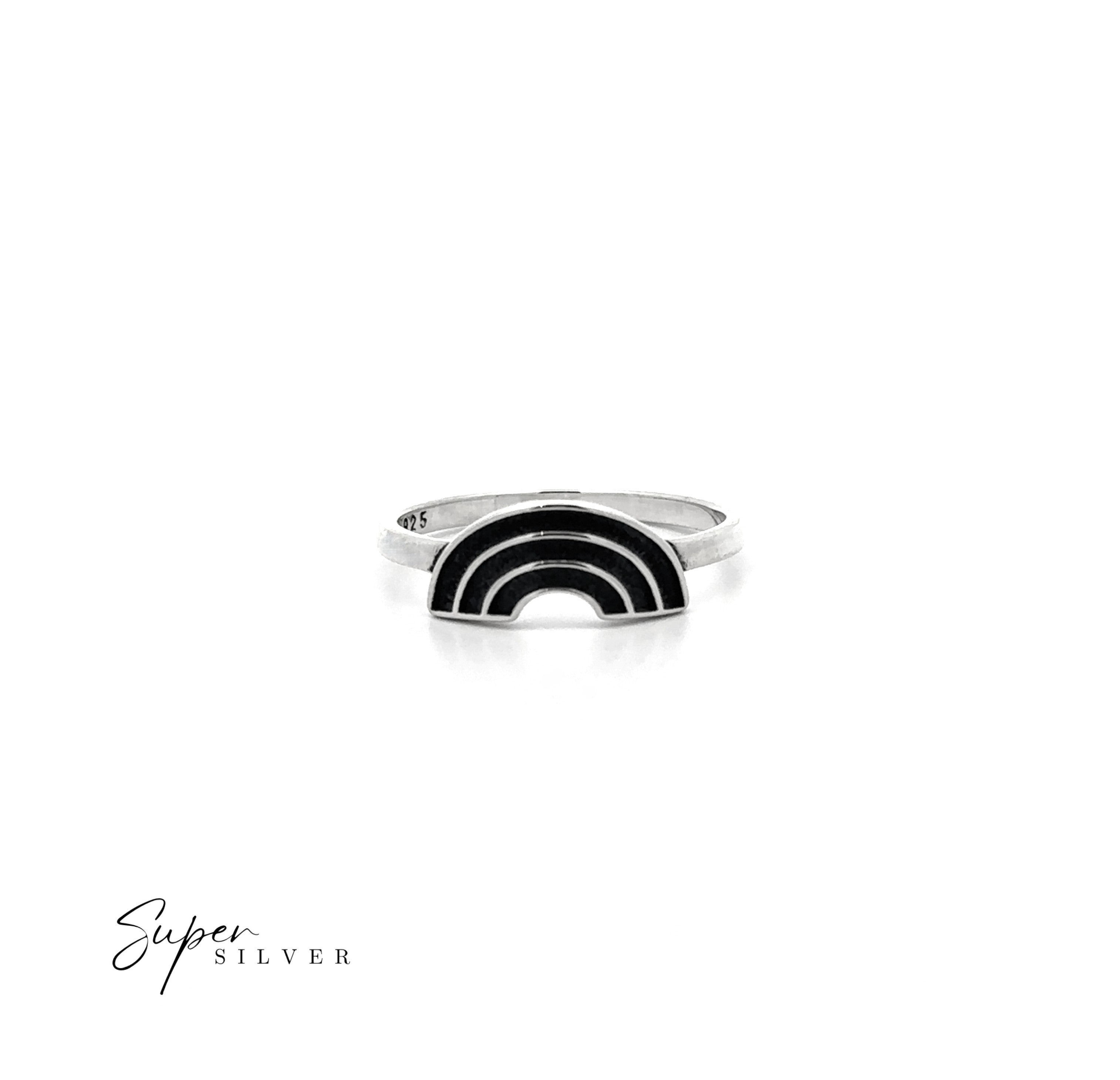 The Rainbow Ring, crafted in sterling silver with a black and silver rainbow design, is centered on a white background. "Super Silver" appears in the lower left, highlighting this ring as a unique symbol of love.