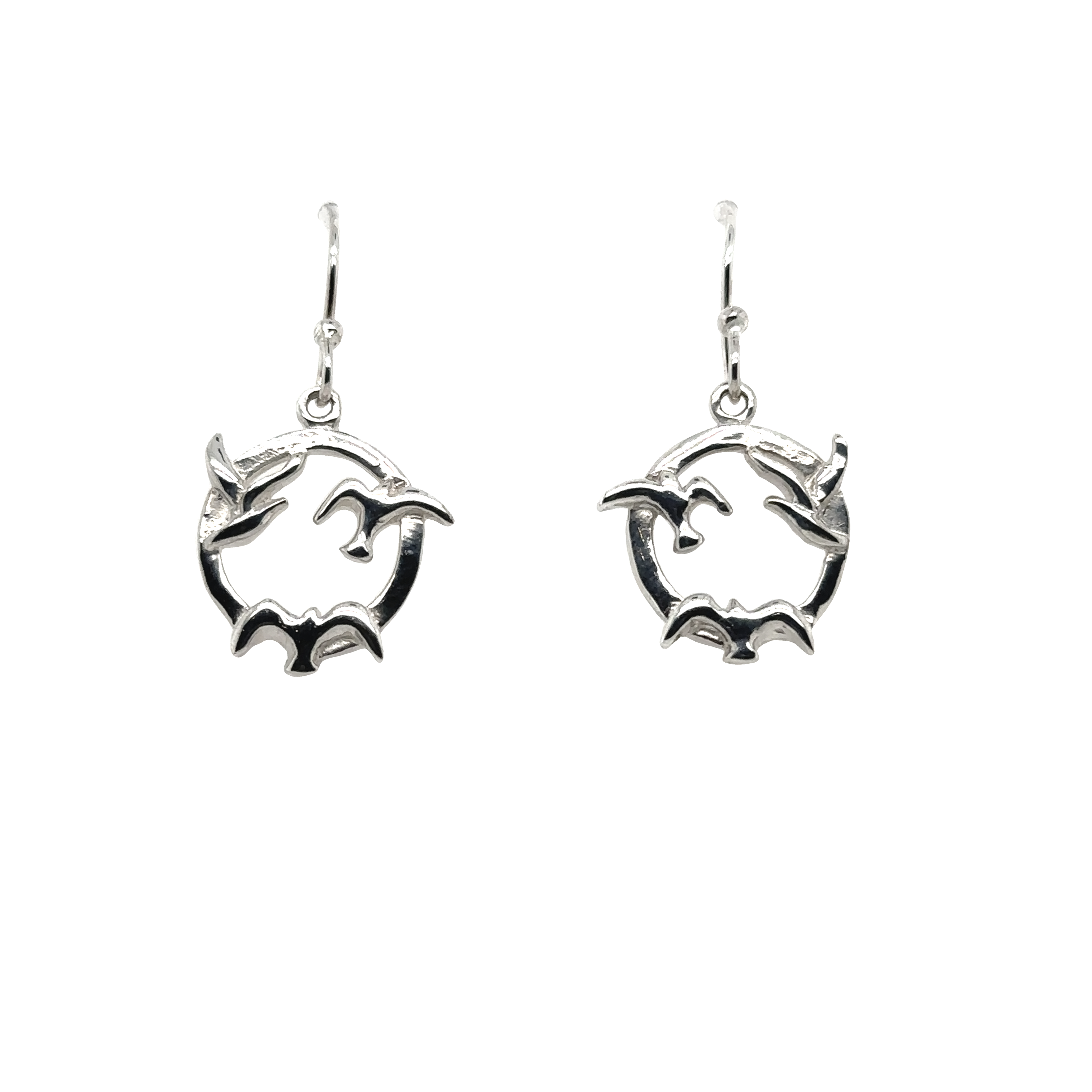 A pair of Super Silver Three Seagulls Round Earrings with a bird on them.