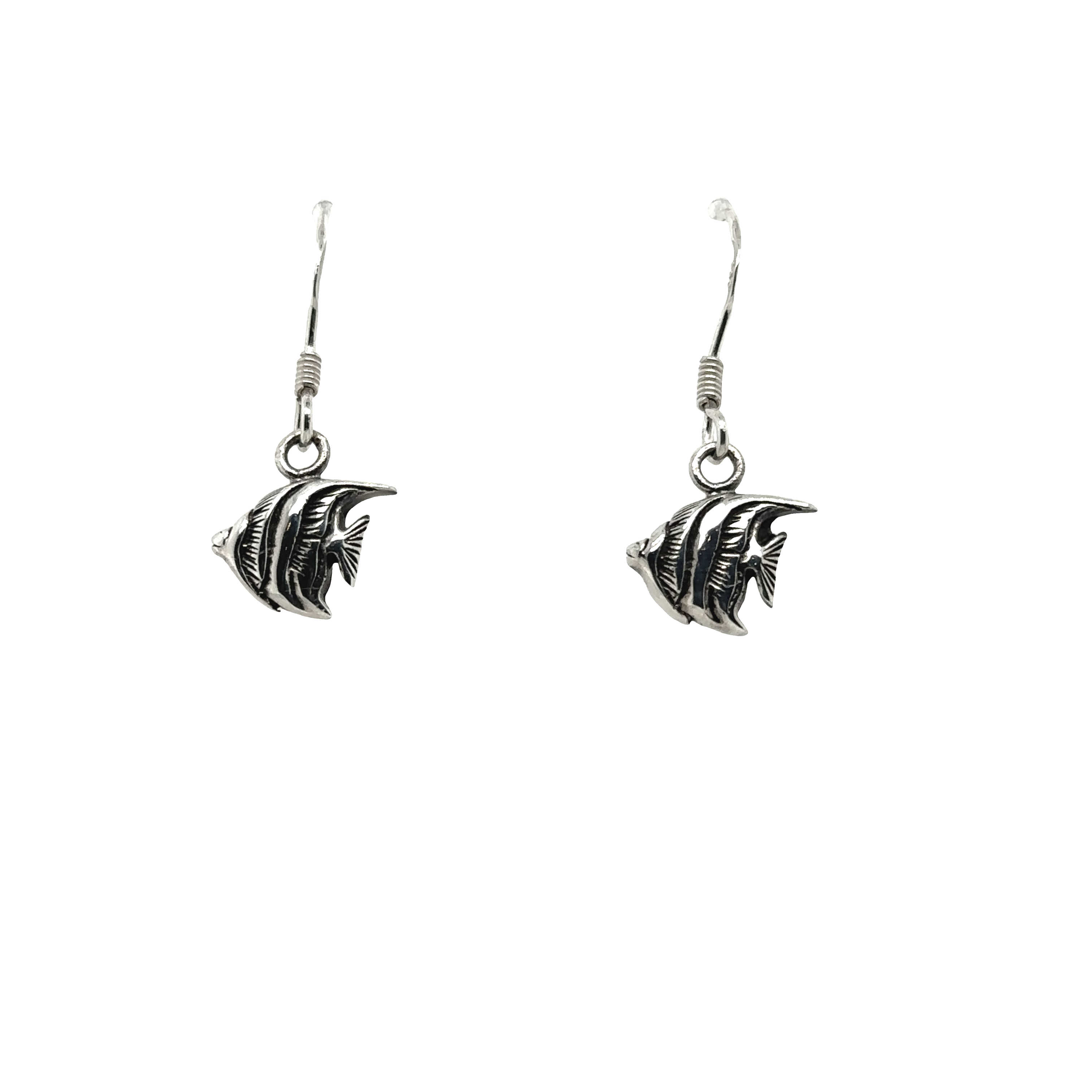A pair of Super Silver Coral Fish Earrings on a white background.