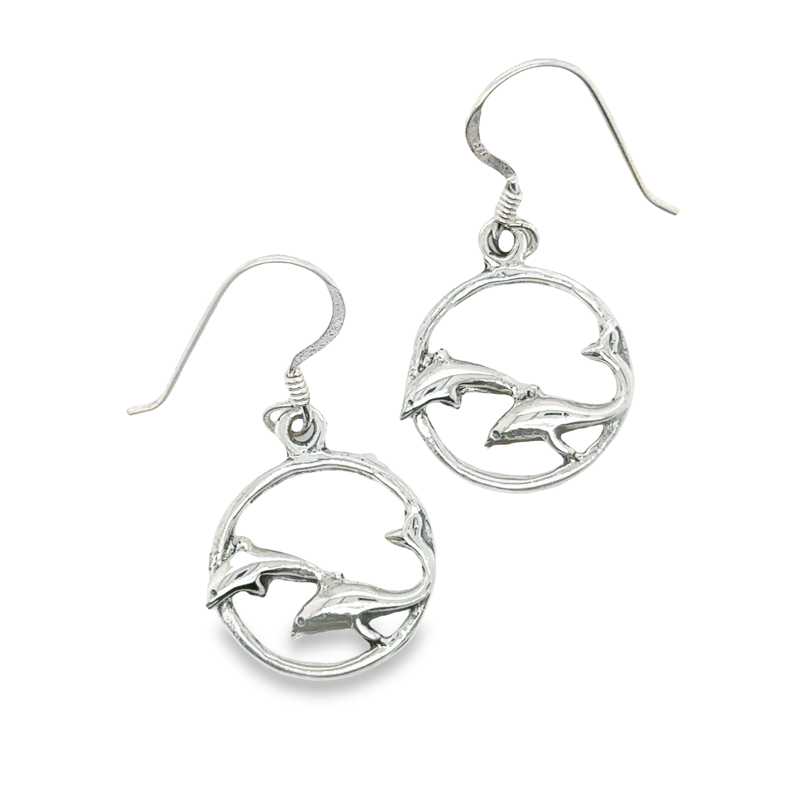 A pair of Playful Dolphin Earrings by Super Silver, inspired by the oceanic beauty of Santa Cruz.