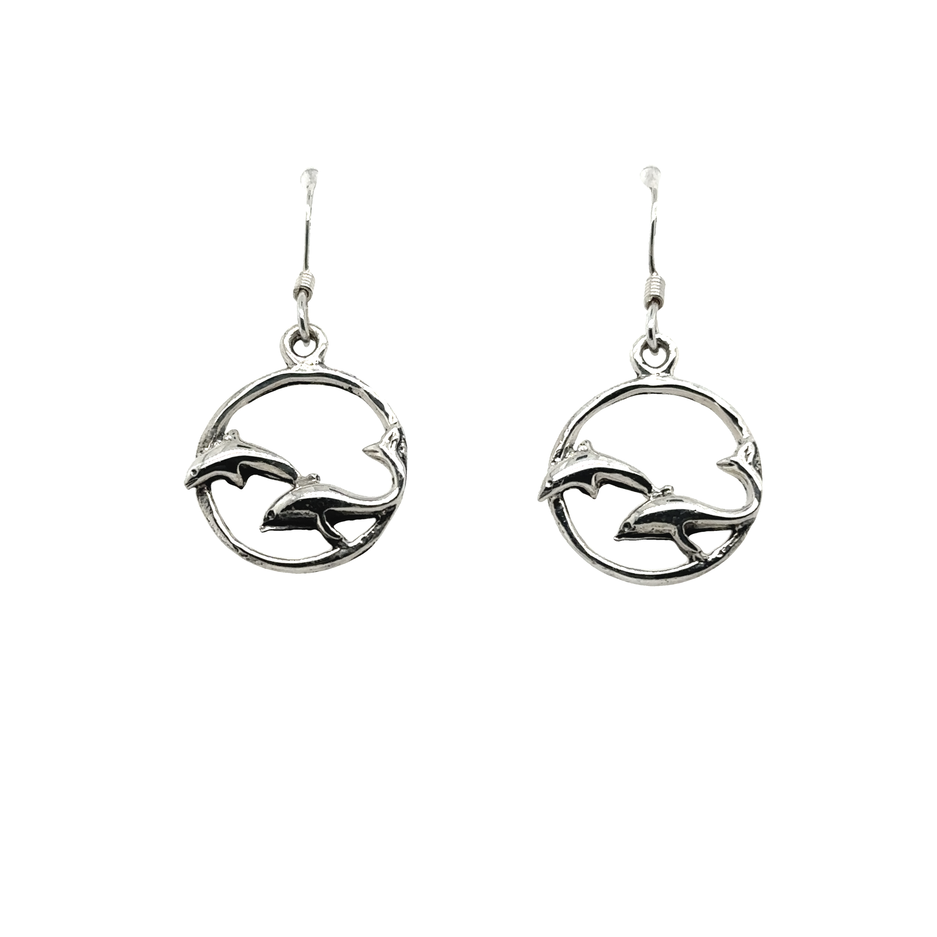 A pair of Super Silver Playful Dolphin Earrings, perfect for ocean lovers or those with a connection to Santa Cruz.