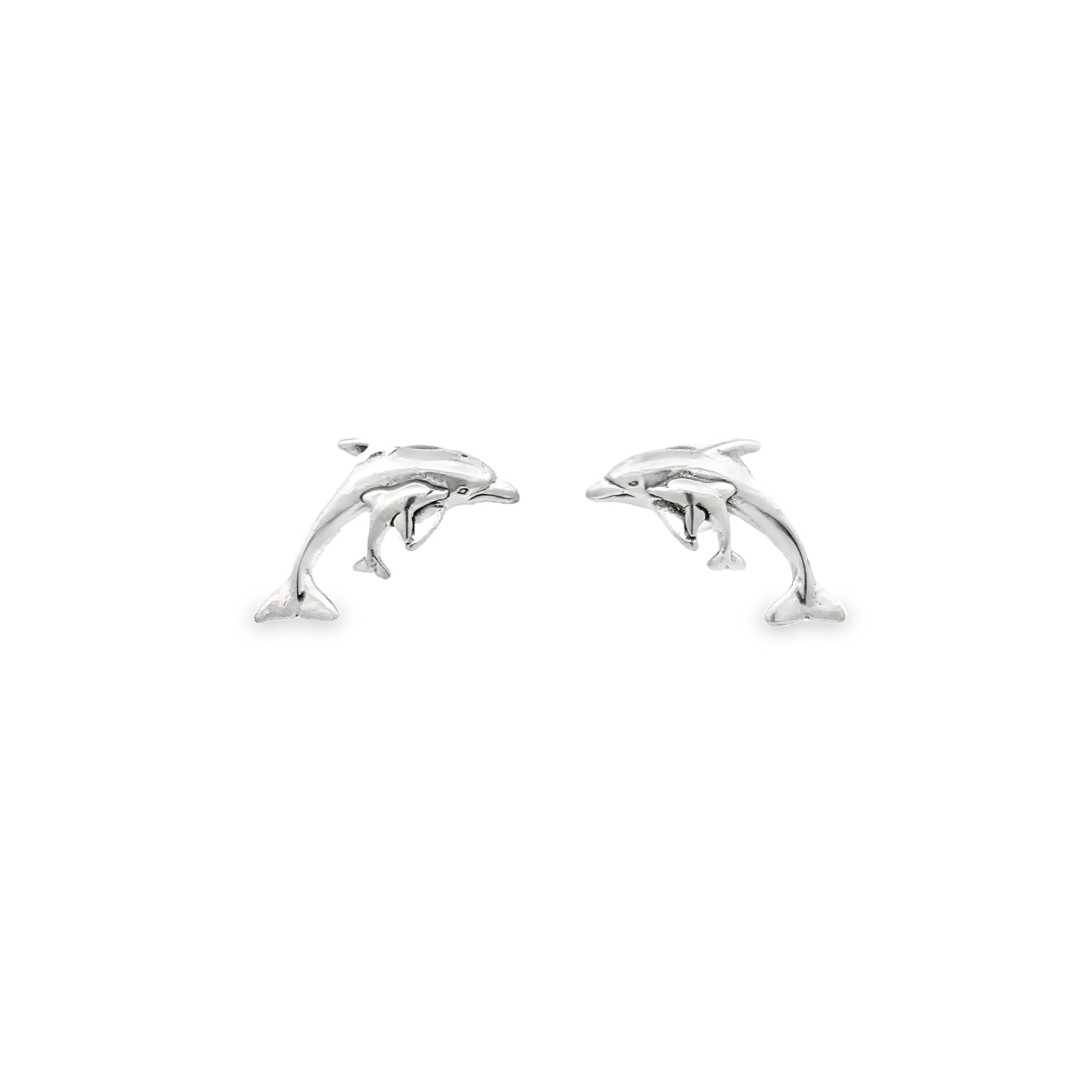 A pair of Dolphin and Calf Studs glimmering against a white background, capturing the ocean's beauty.