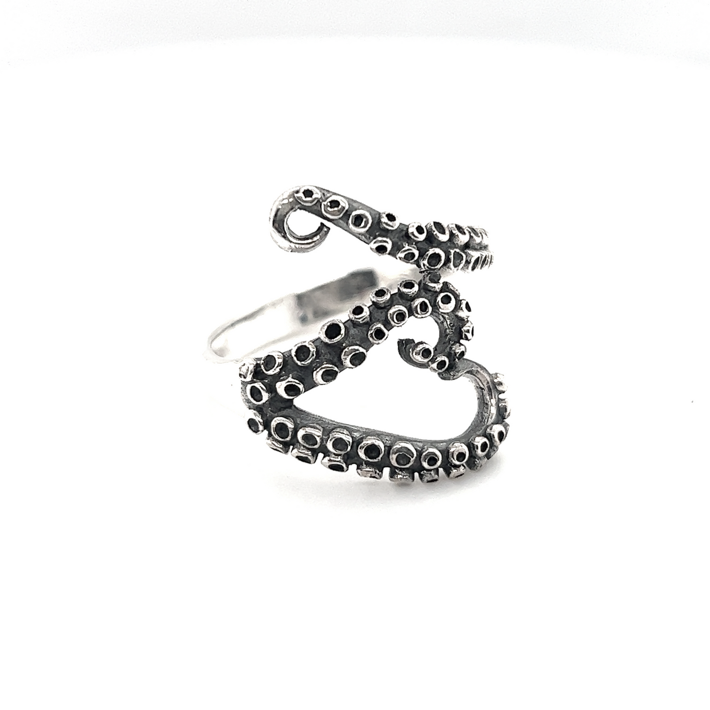 An Intricate Octopus Tentacle Ring made of .925 Sterling Silver, showcased on a clean white background.