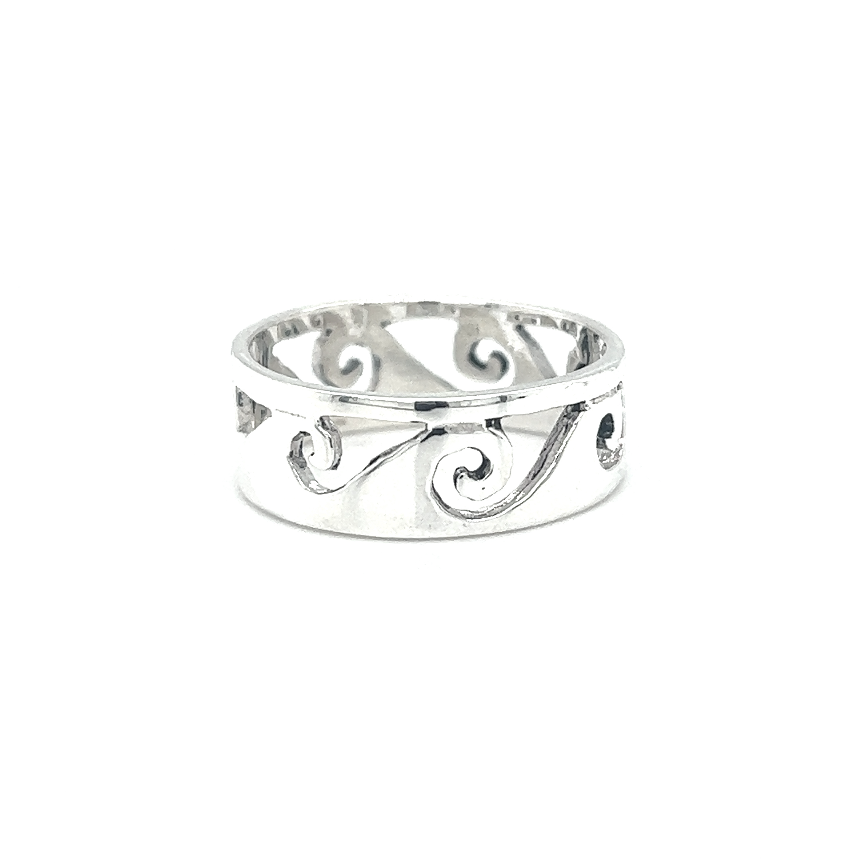A sterling silver 7mm Cutout Wave Band with wave-like swirls reminiscent of the ocean.