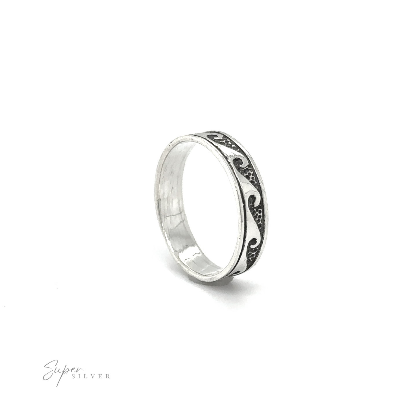 
                  
                    A silver 4mm Wave Band with a swirl design, inspired by the ocean.
                  
                