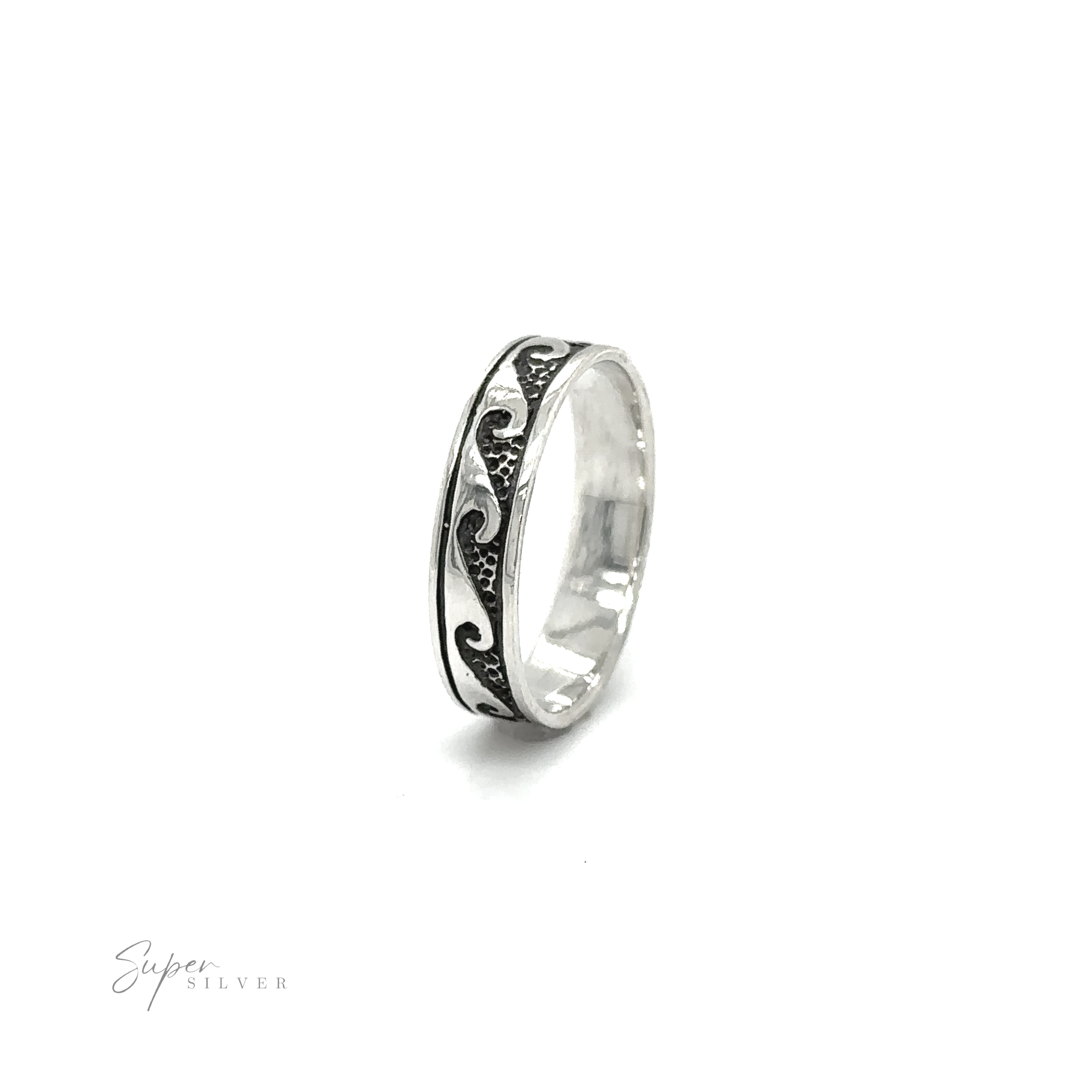 A mens silver 4mm Wave Band with black and white swirls reminiscent of the ocean in Santa Cruz.