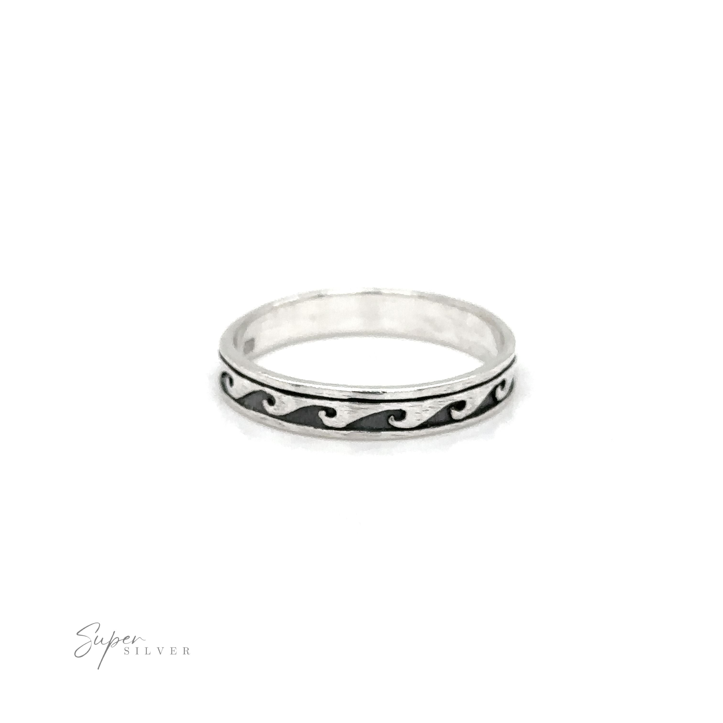 A silver 3mm Wave Band mens ring with wave designs.