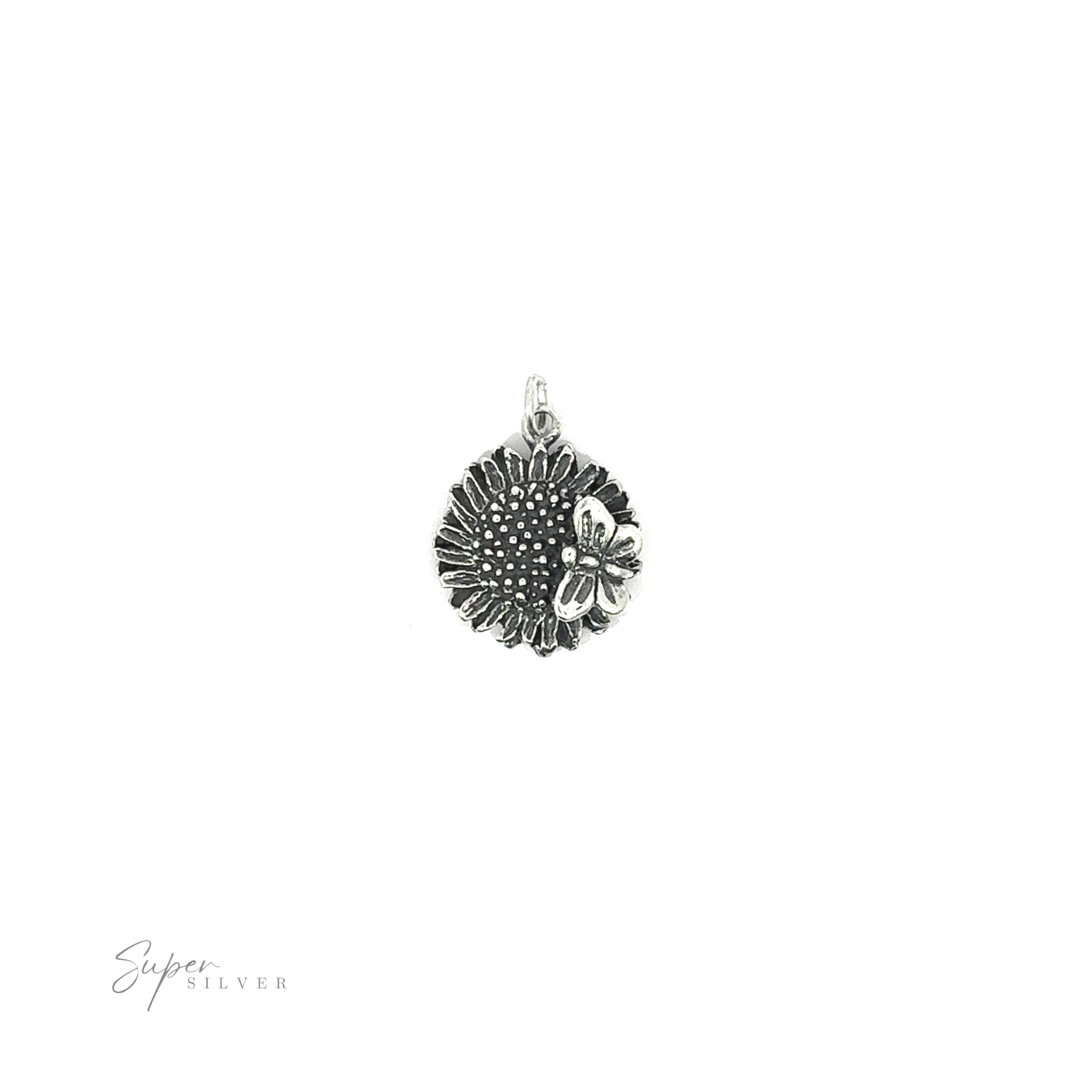 Silver floral-patterned pendant with a Sunflower Charm with Butterfly on a white background.