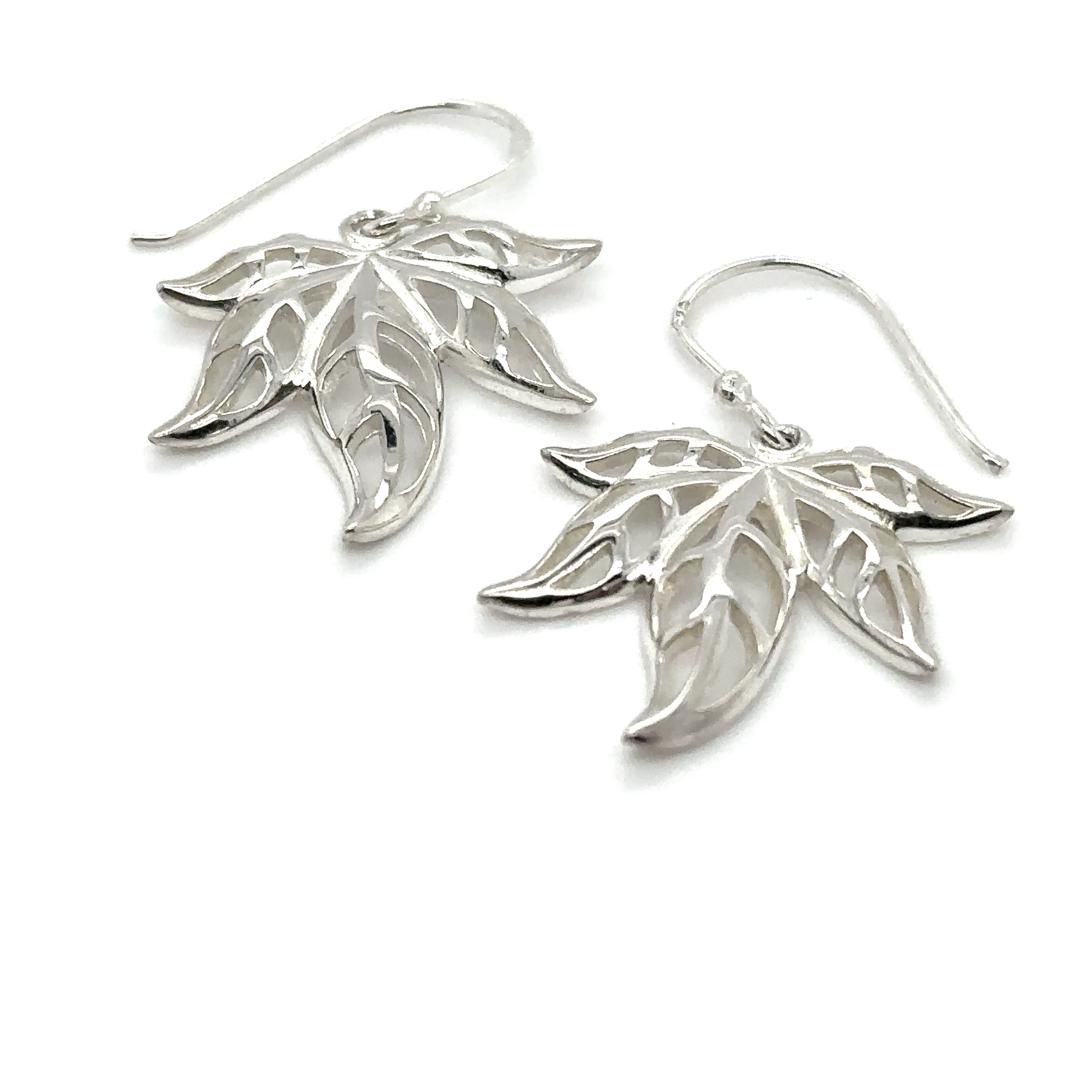 A pair of comfortable Super Silver Silver Maple Leaves Dangle Earrings on a white background.
