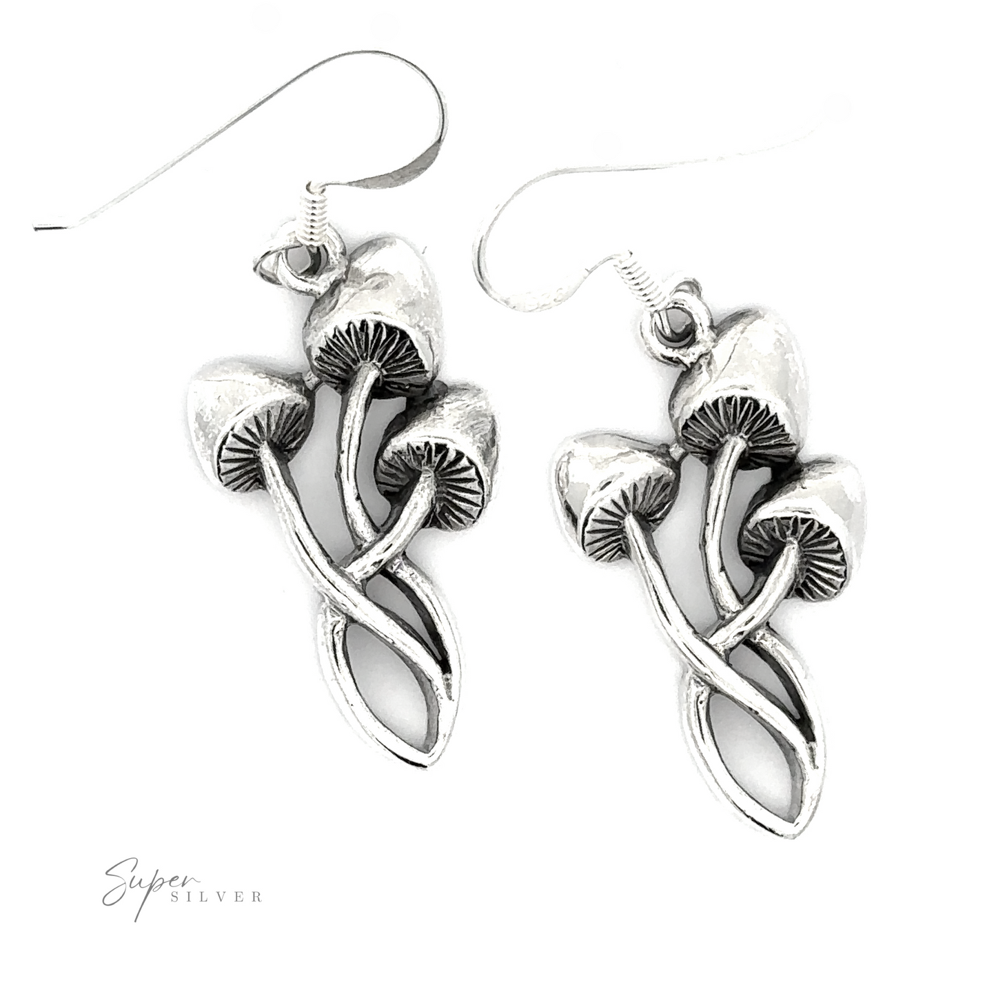 A pair of Mushroom Earrings, displayed against a white background with a signature reading "super silver," exude a nature-inspired charm.