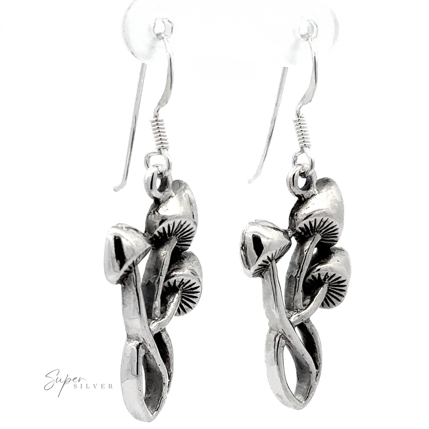 
                  
                    A pair of silver Mushroom Earrings featuring a mycology-inspired abstract floral design, displayed against a white background.
                  
                