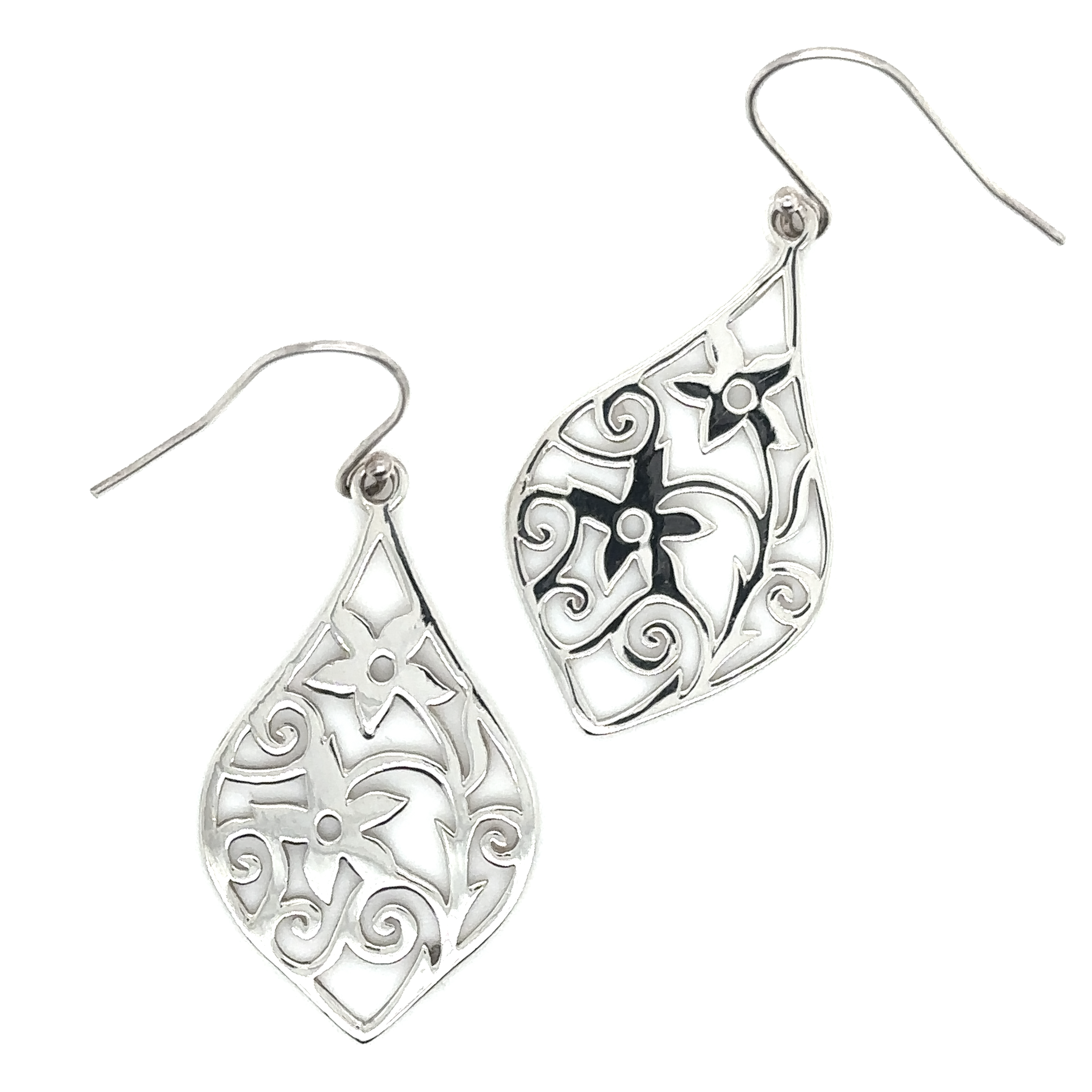 Super Silver's Floral Scene Earrings, with filigree flower designs, handcrafted from .925 sterling silver.