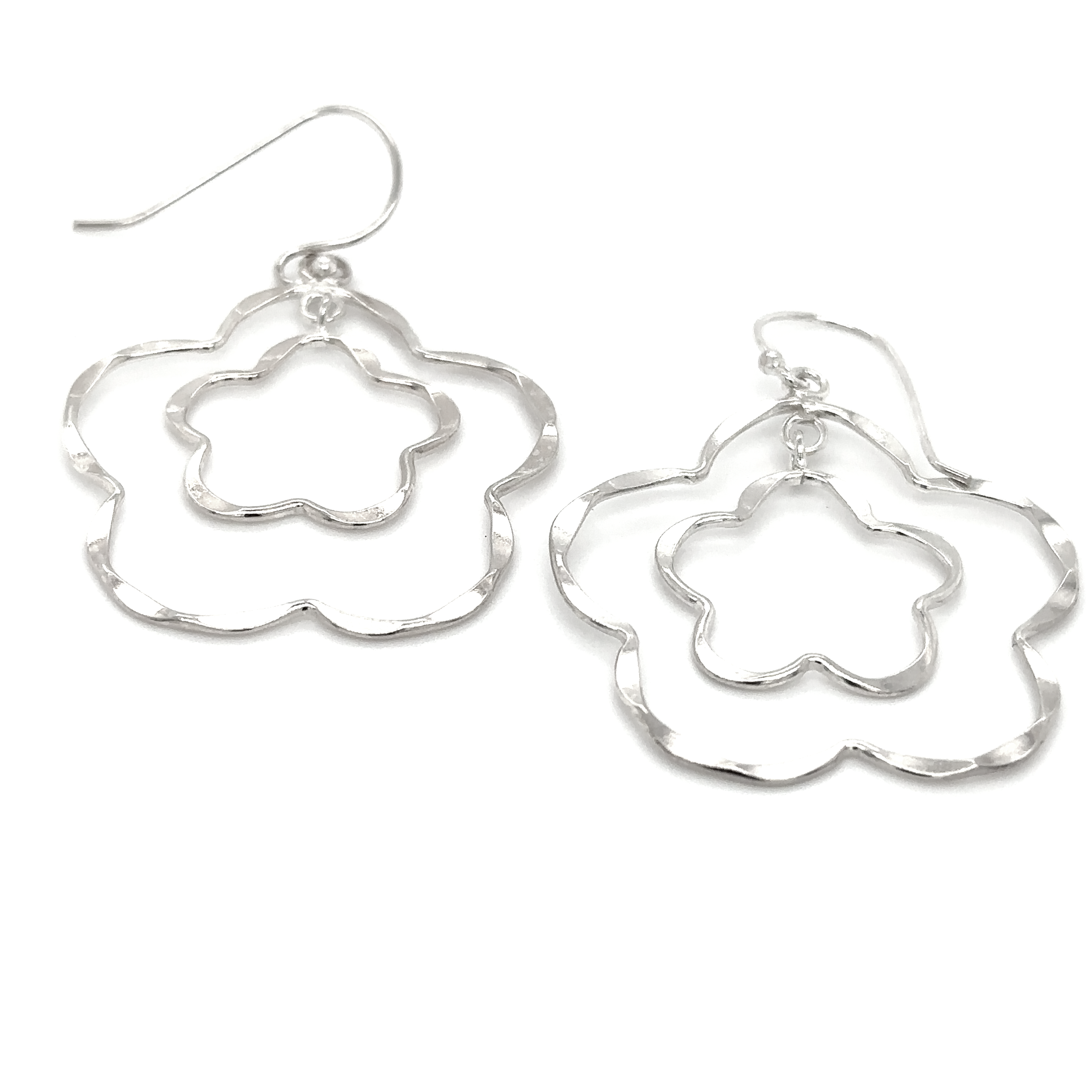 A pair of Super Silver Flower Outline Earrings on a white background.