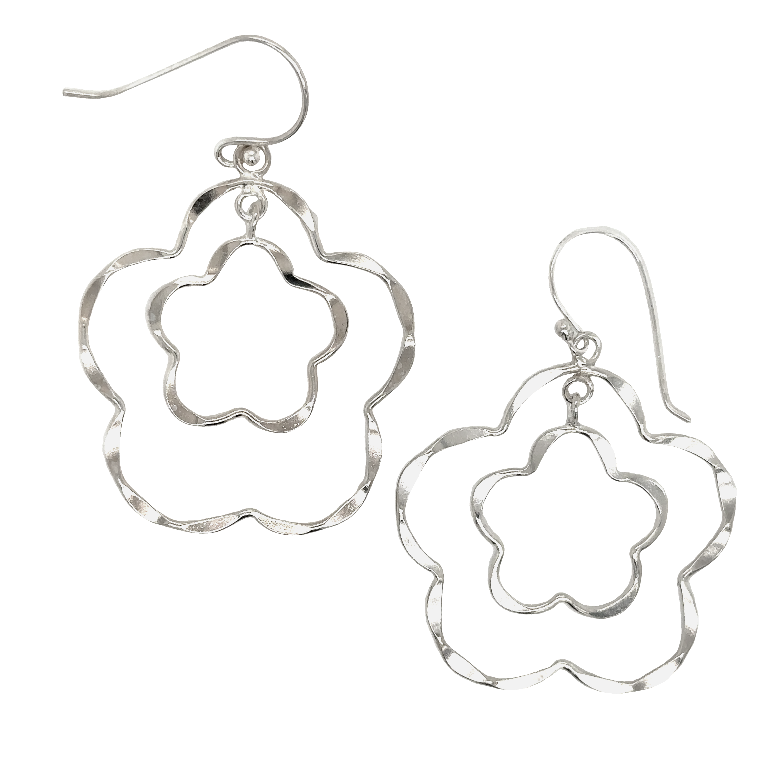 These Super Silver Flower Outline Earrings are crafted in .925 Sterling Silver, featuring a simple texture and a double flower outline design.