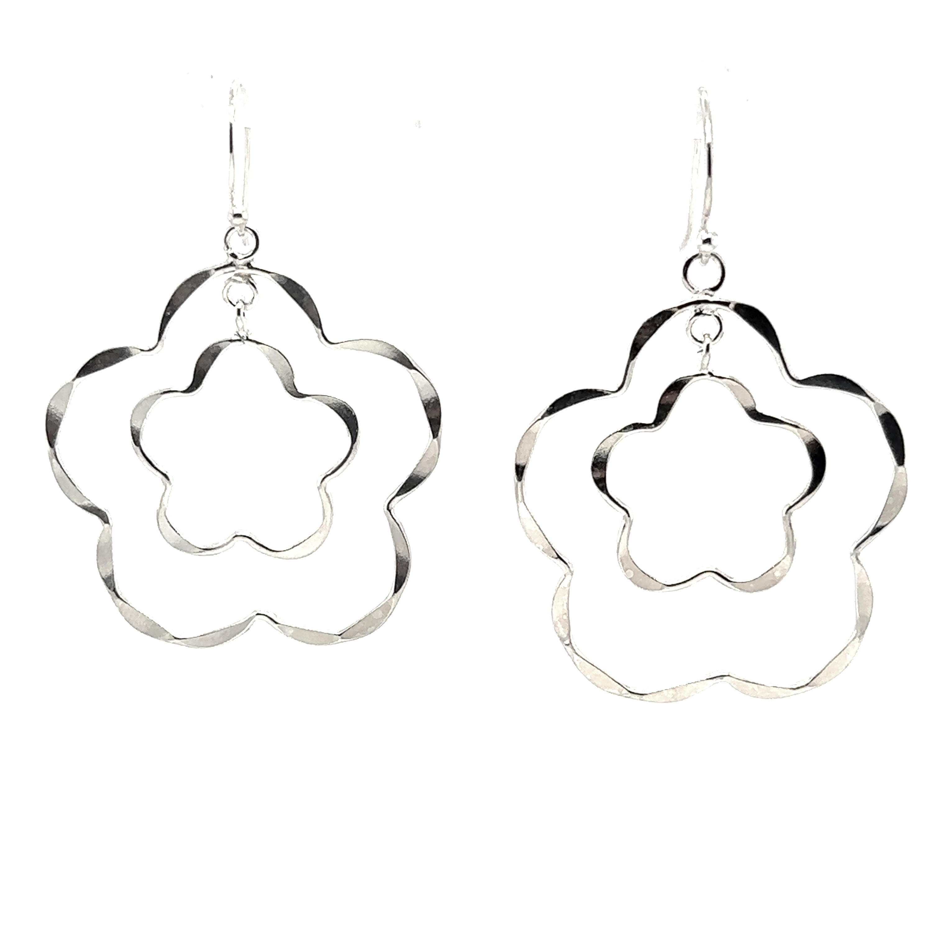 A pair of Super Silver Flower Outline Earrings with a simple texture on a white background.