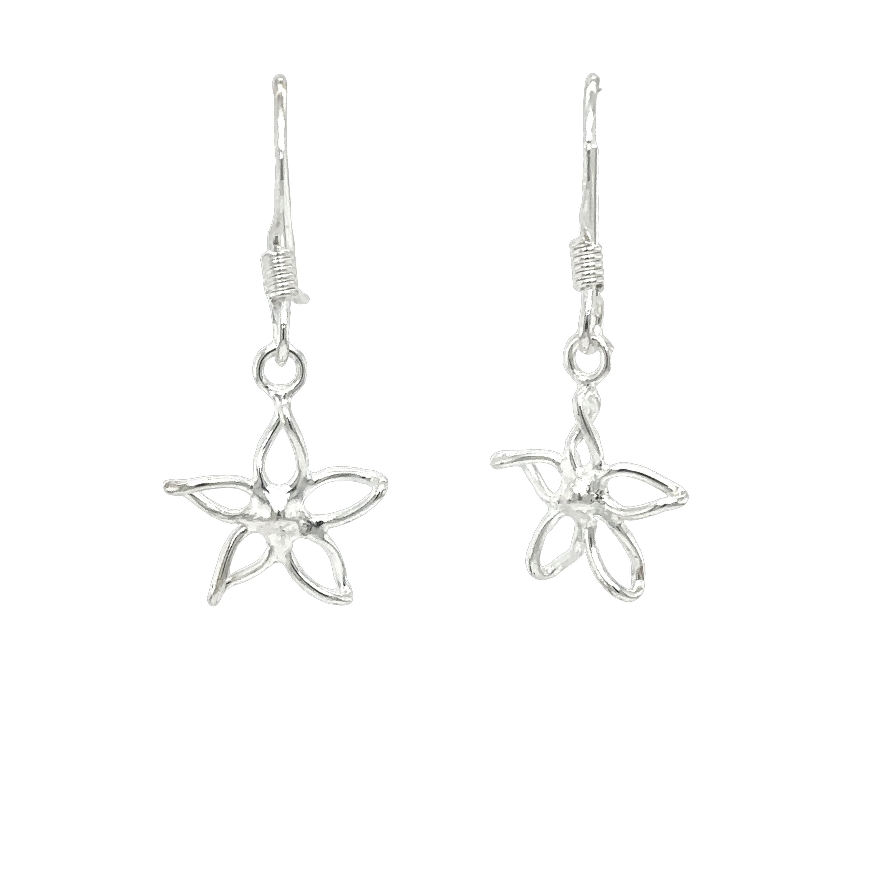 A pair of Super Silver Tiny Open Flower earrings on a white background.