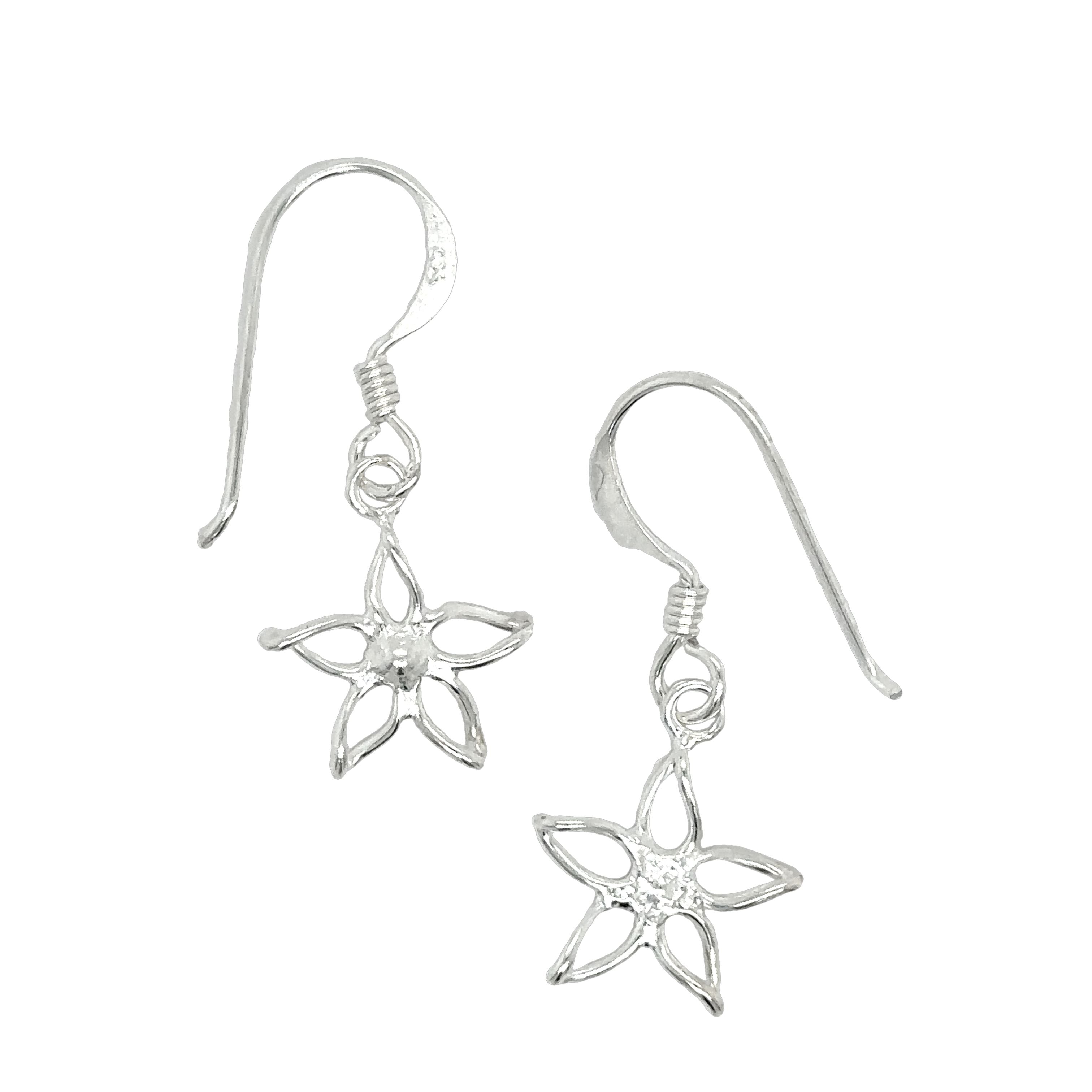 A pair of Super Silver Tiny Open Flower Earrings with a delicate flower design.