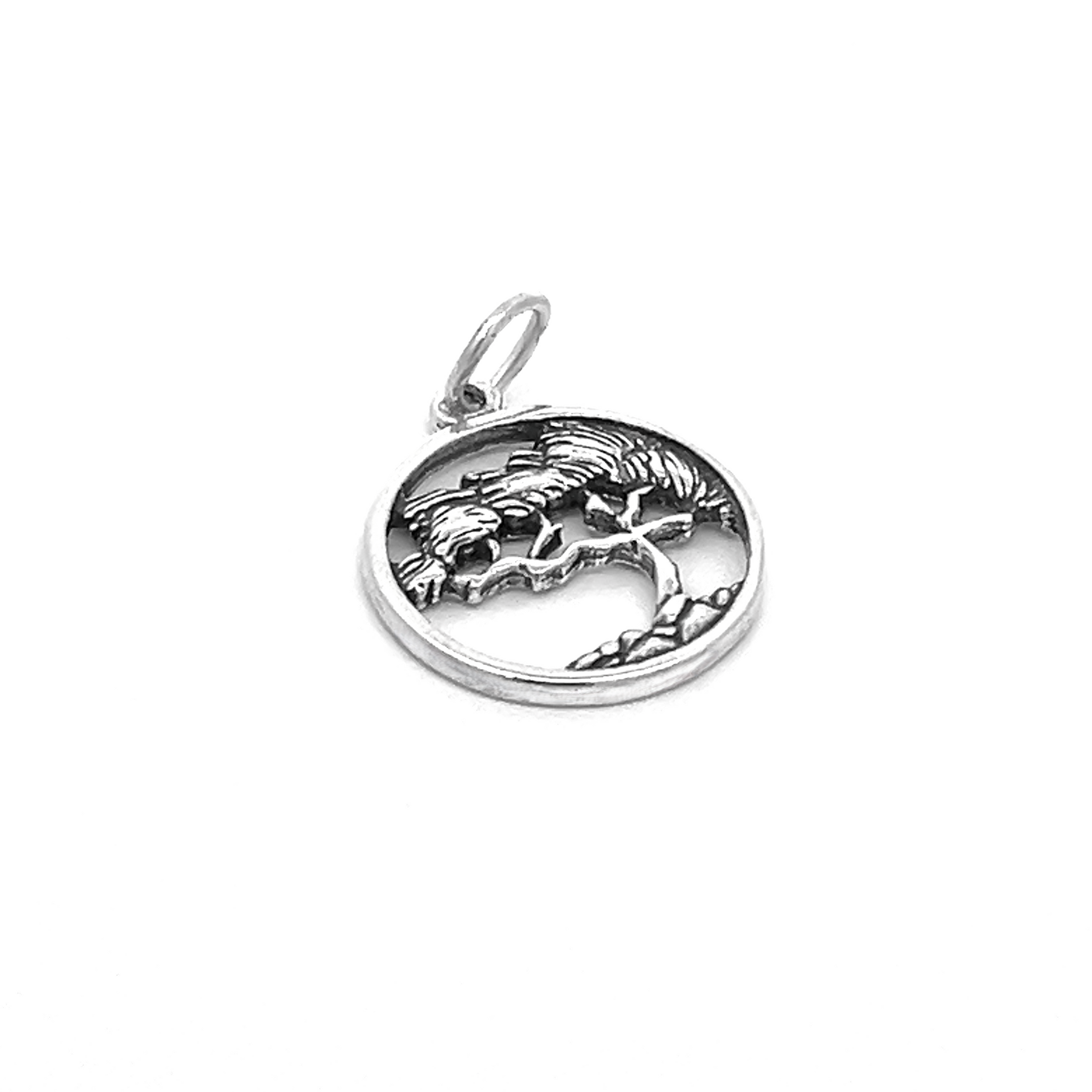 This nature jewelry piece, the Cypress Tree Charm, is made of sterling silver and beautifully captures the essence of a cypress tree in its detailed design.