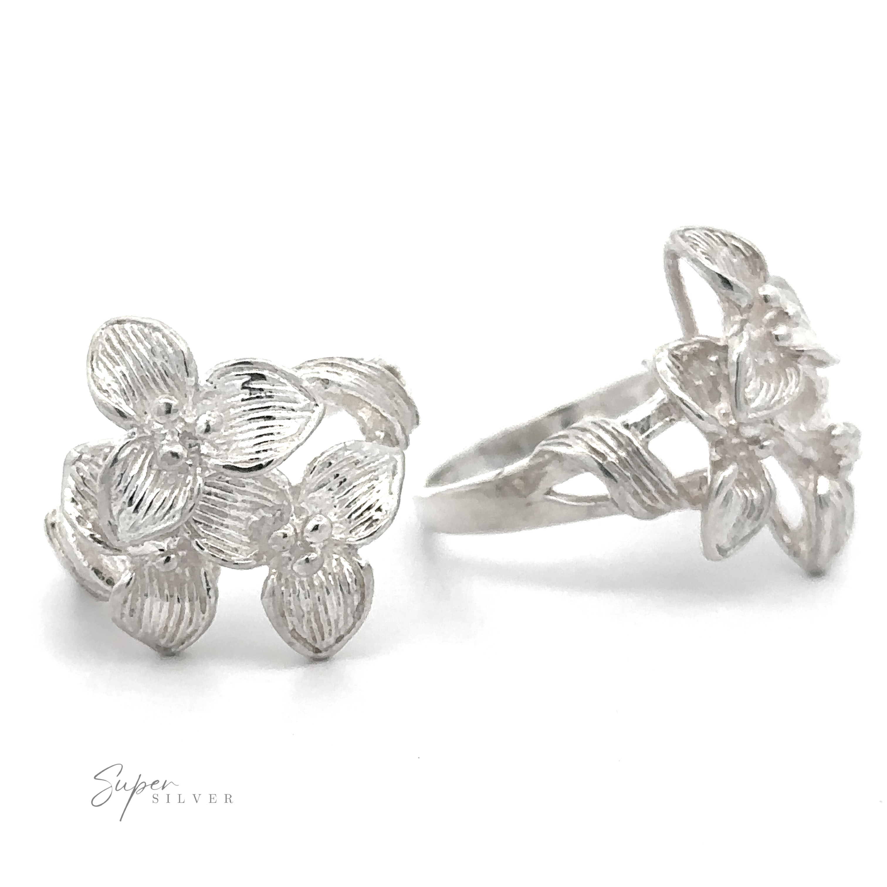 Detailed .925 Sterling Silver Silver Ring with Three Flowers on a white background.