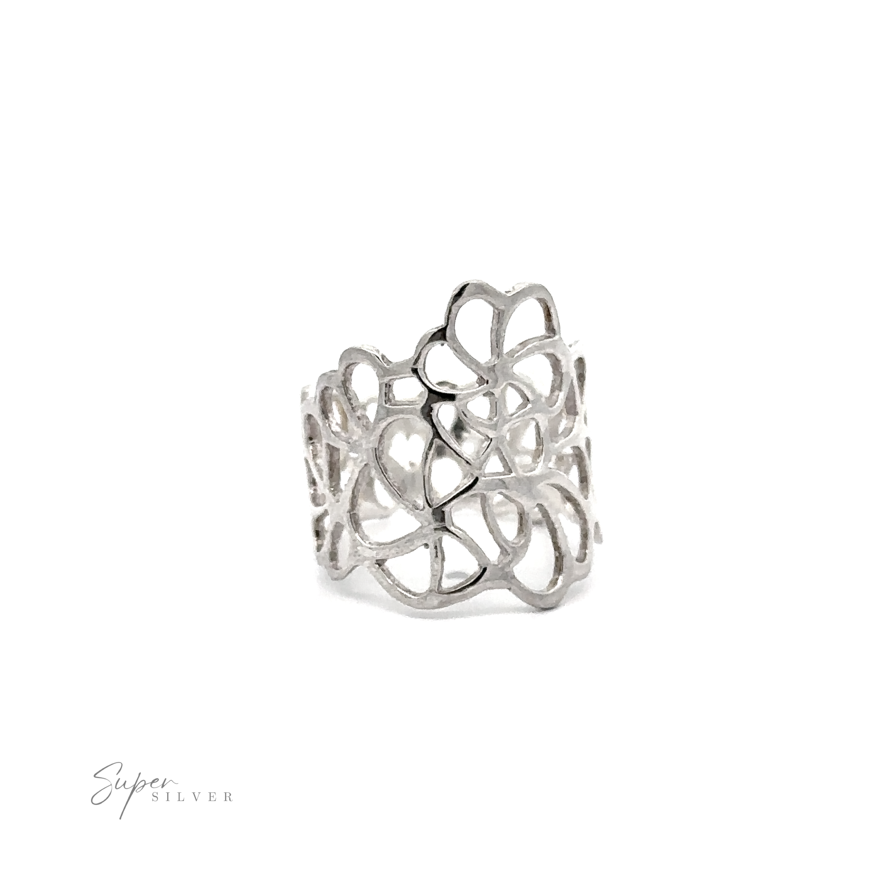 A Wide Ring with Cut Out Flowers made of .925 Sterling Silver featuring an intricate flower design and a wider band.