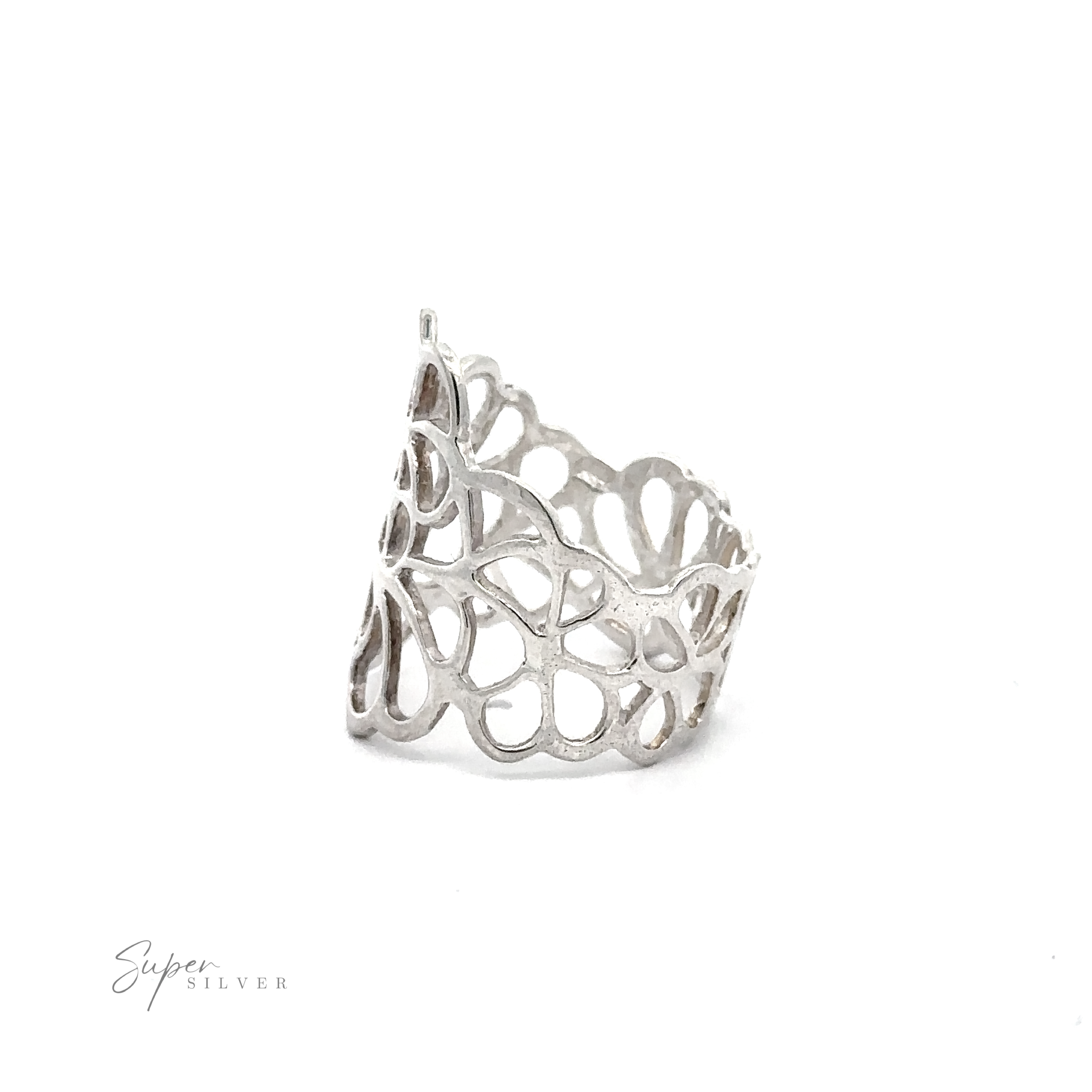A .925 Sterling Silver Wide Ring with Cut Out Flowers and a wider band.