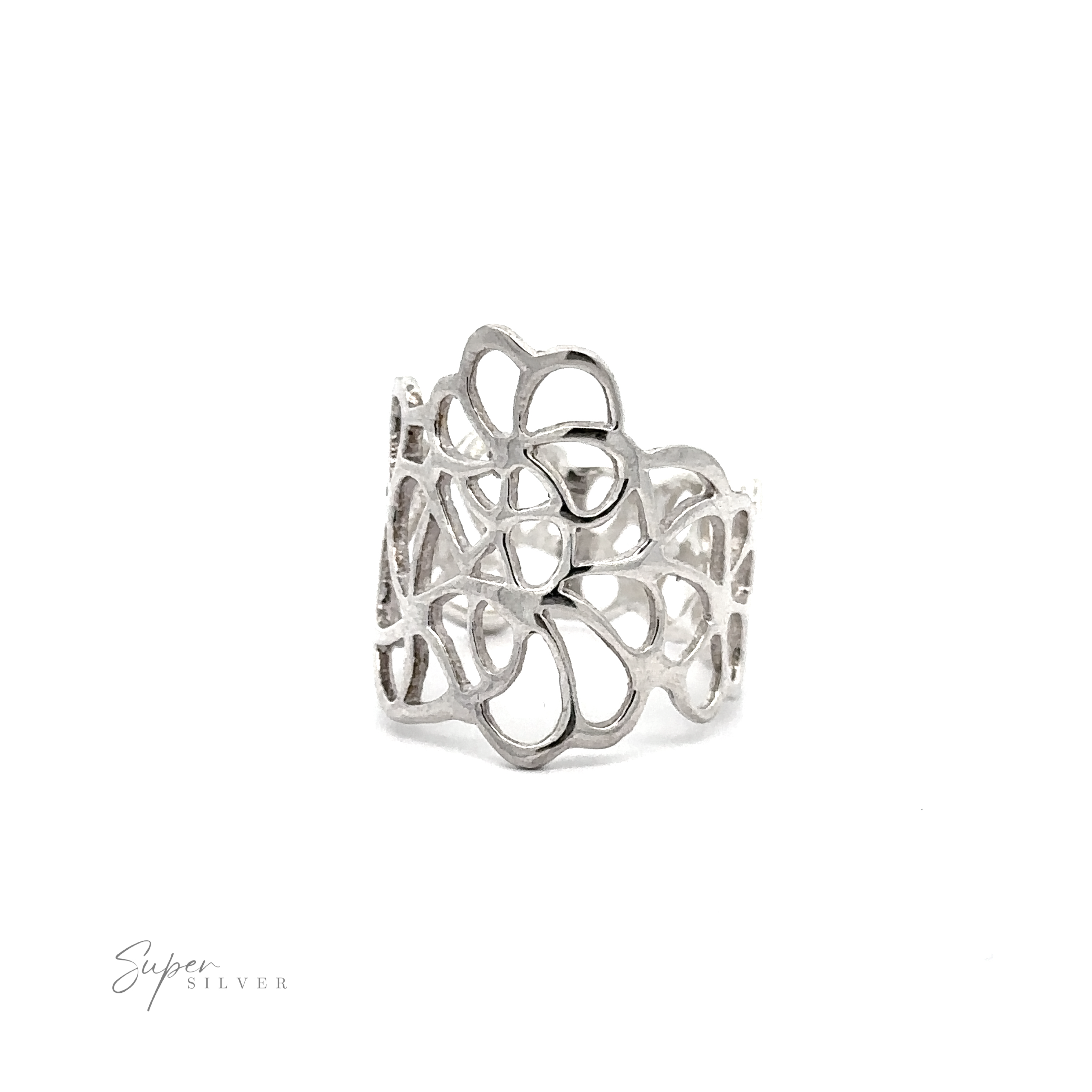 A Wide Ring with Cut Out Flowers in sterling silver with a floral design band.