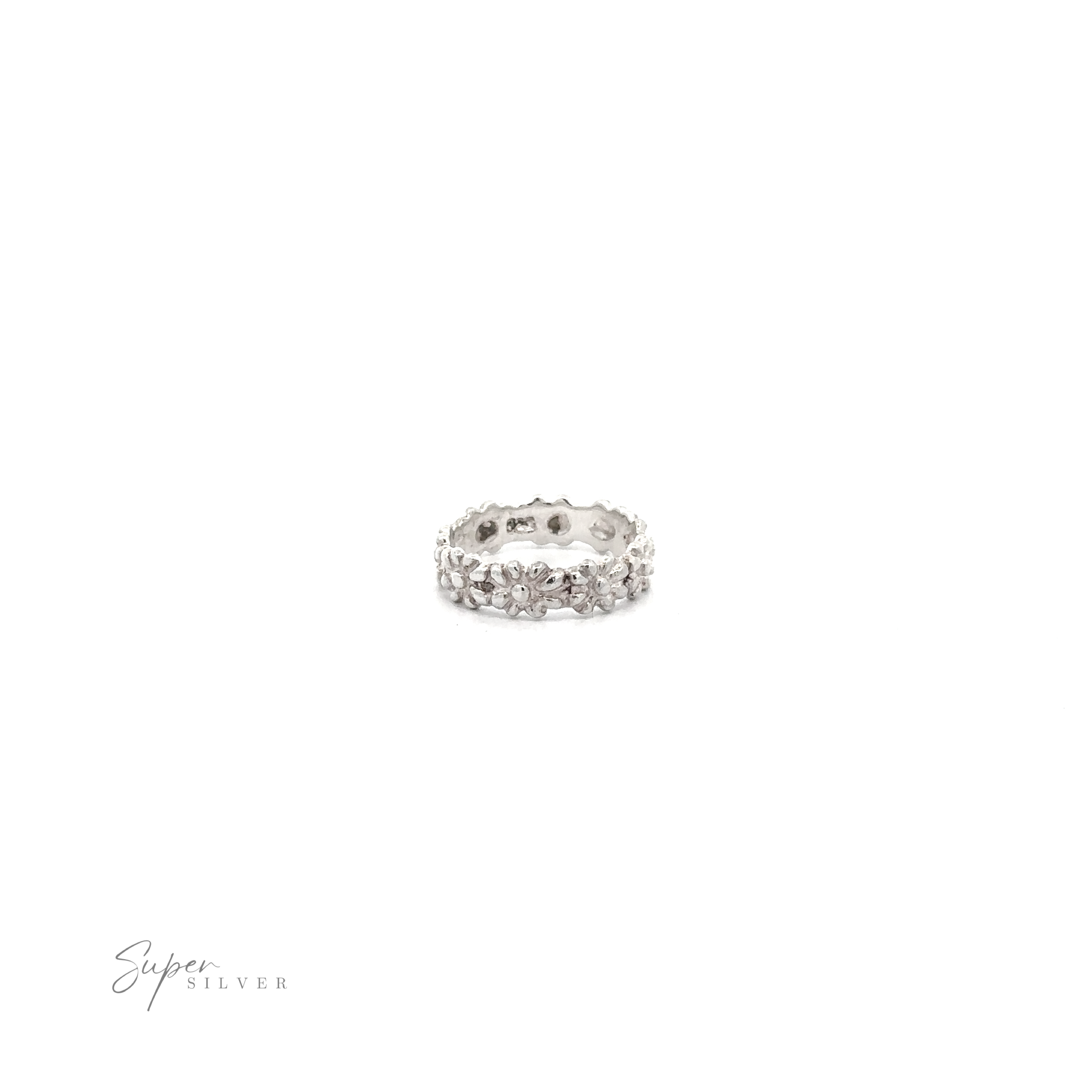 The Silver Daisy Ring features .925 Sterling Silver with multiple inset crystals on a white background in a Daisy Chain Design.