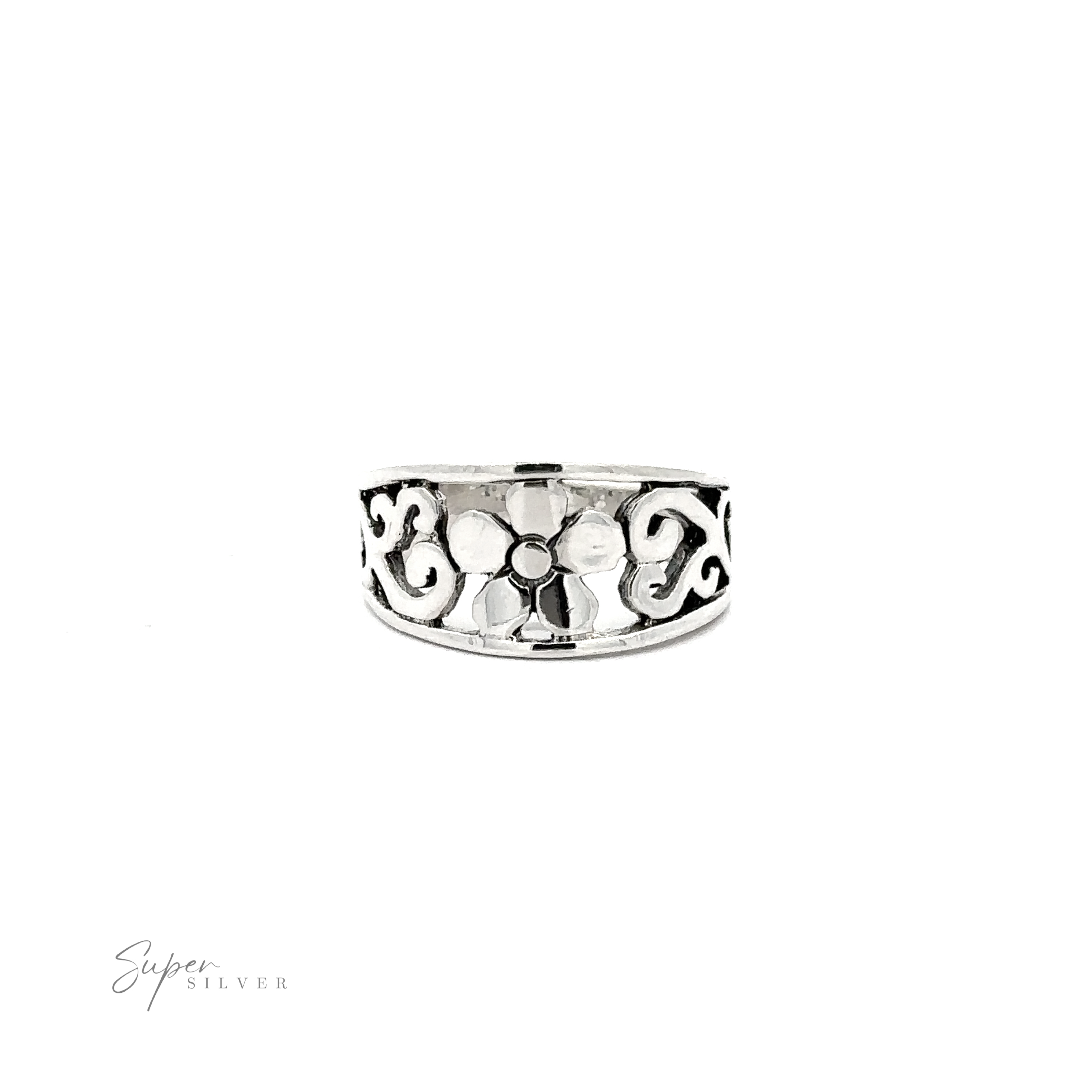 This minimalist Flower Ring With Tapered Band and Swirls features a silver floral design on a tapered band.