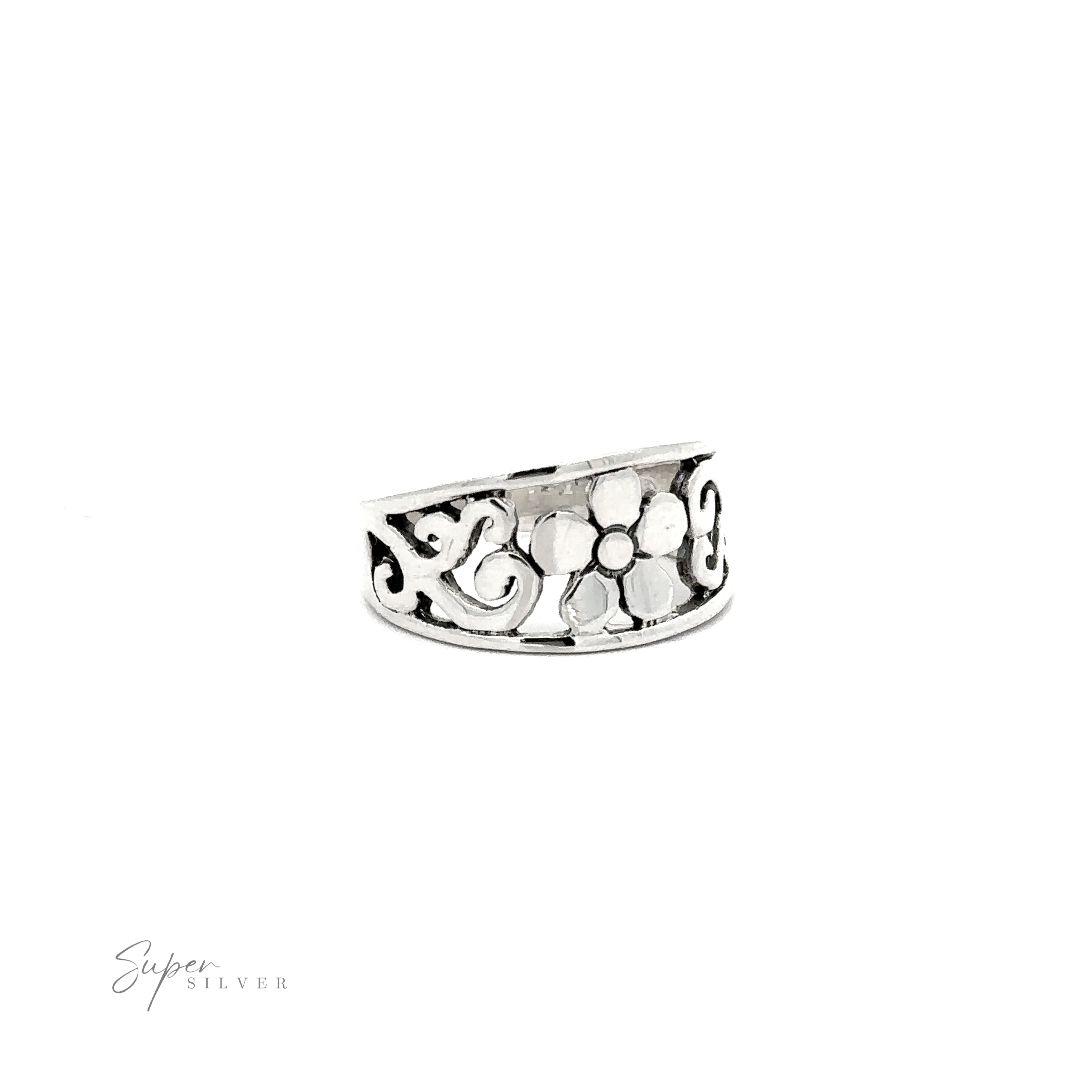 A minimalist Flower Ring With Tapered Band and Swirls with intricate floral designs on a silver tapered band.