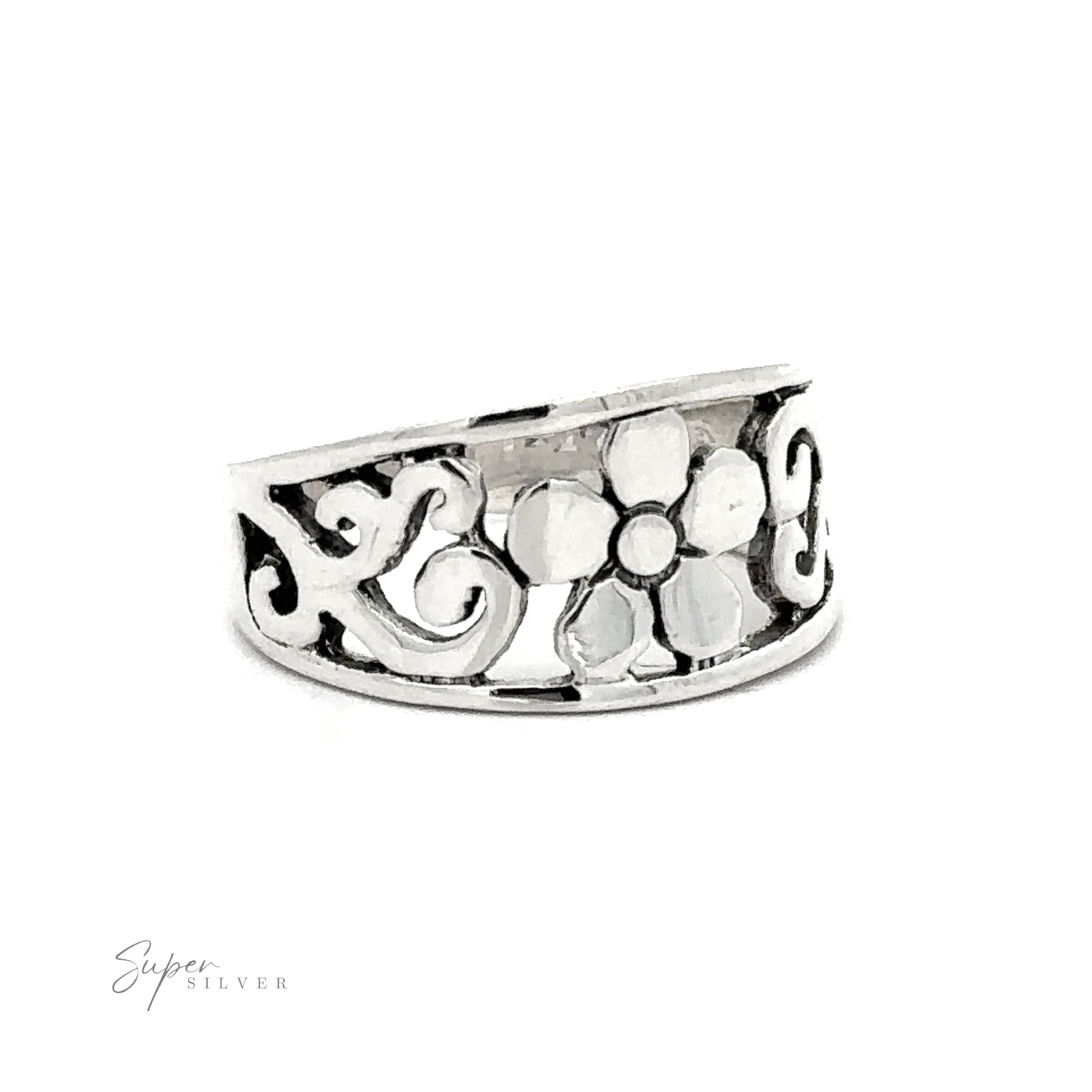 A Flower Ring With Tapered Band and Swirls with a floral design featuring daisies.