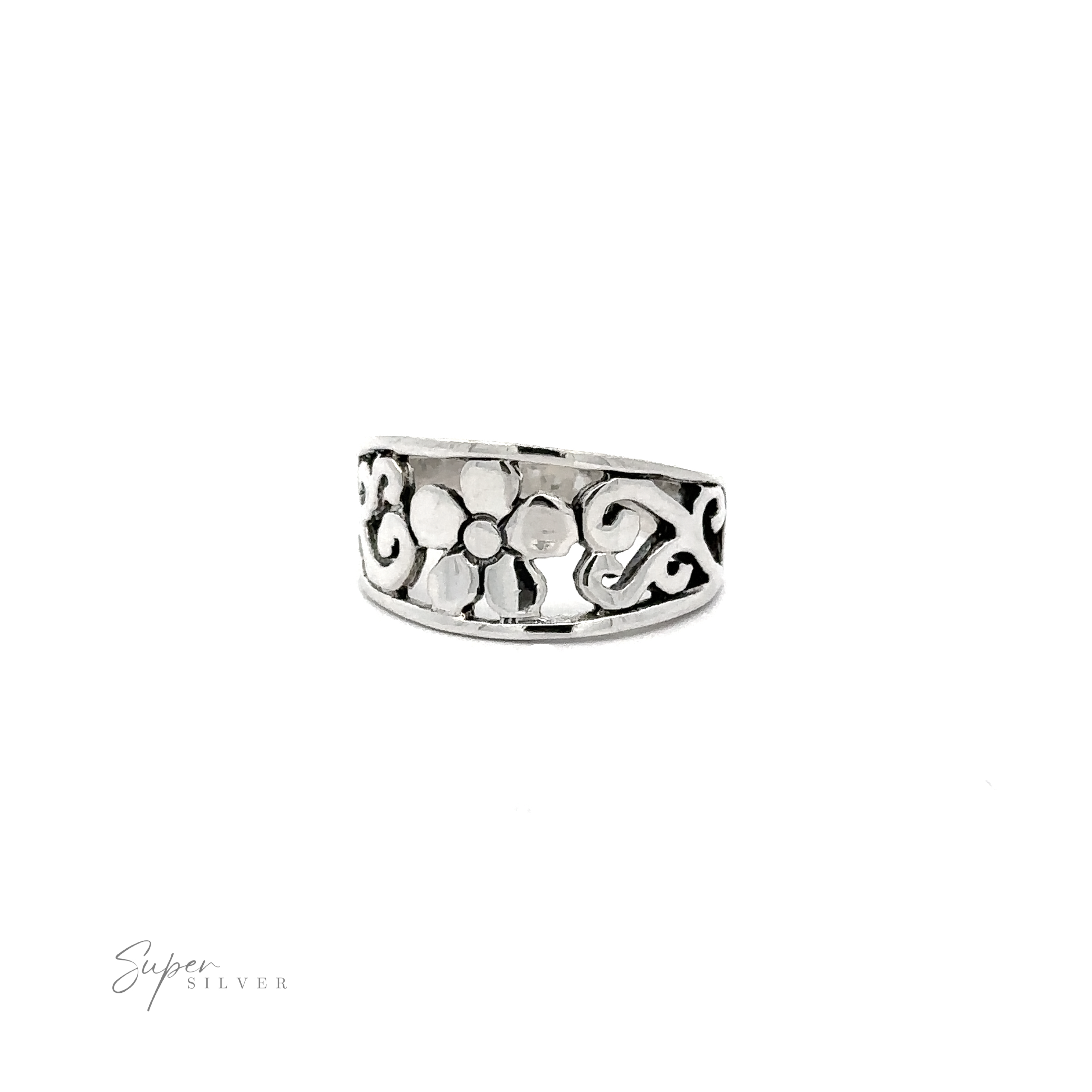 A flower ring with tapered band and swirls.