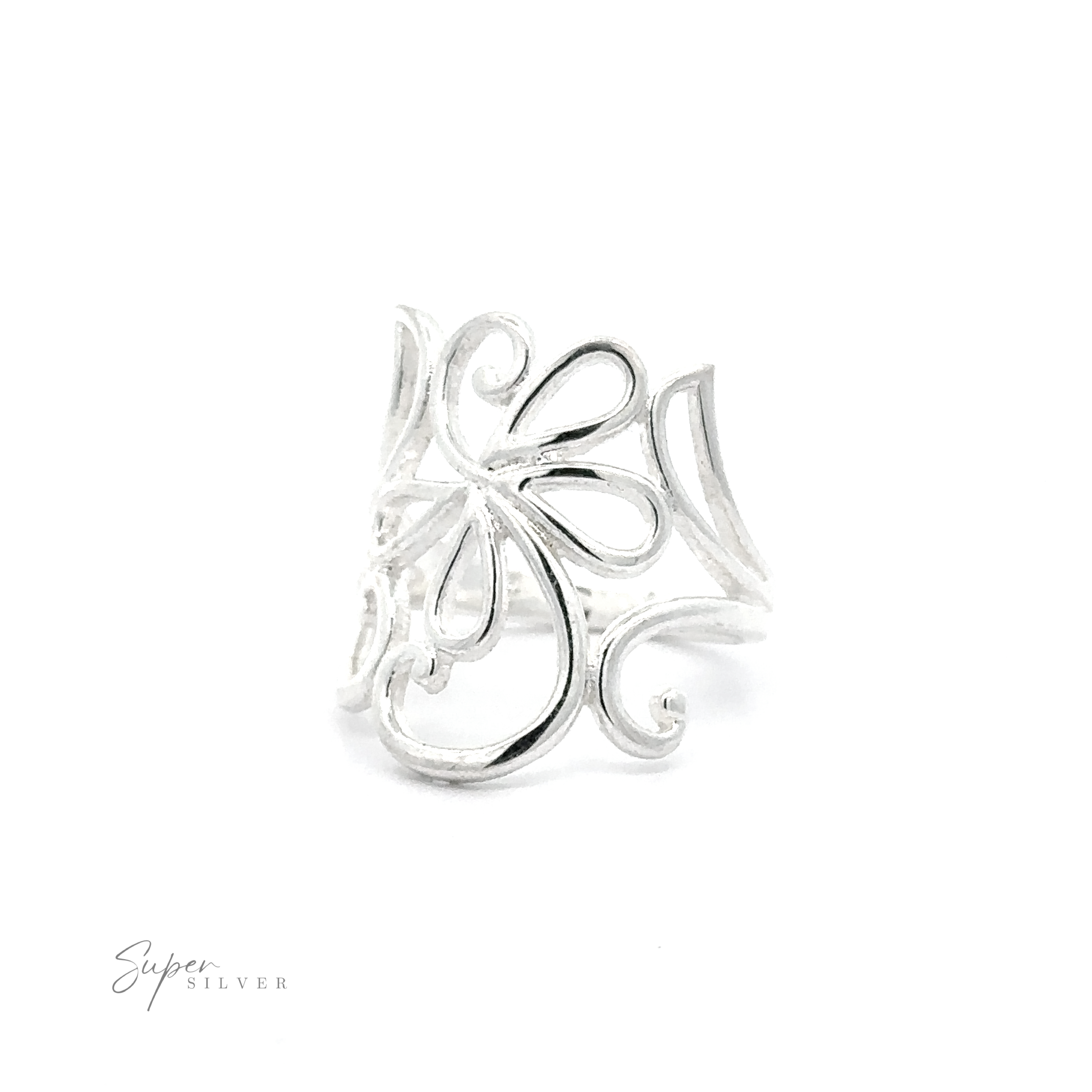 A silver Flower and Vine Ring with a cut-out flower design and freestyle details.